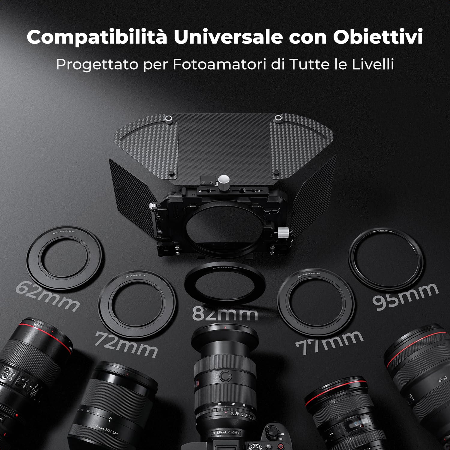 K&F CONCEPT Mini Matte Box con 2 Portafiltri da 4“ x 5,65” e Alette in Fibra di Carbonio, per Fotocamere DSLR Mirrorless con 5 Adattatori ad Anello Circolare (67/72/77/82/95mm)