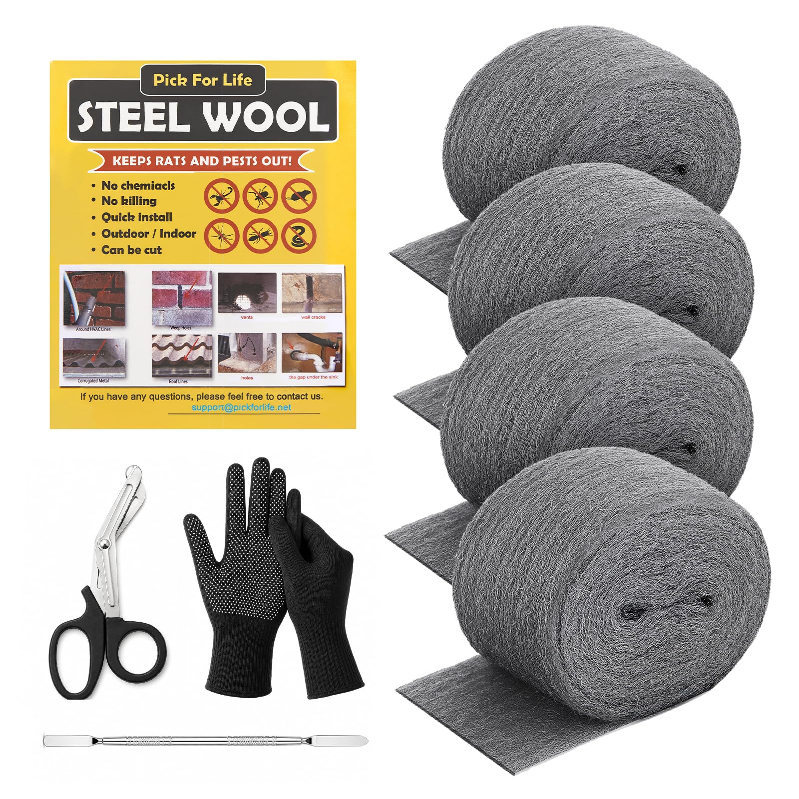 PICK FOR LIFE Steel Wool Mice Blocker 4 Pack Coarse 3m Wire Wool for Cleaning Rodent Control Gap Hole Filler Keep Rodent Rat Insect Pest out for Attic Garden Kitchen Garage with Gloves Scissors