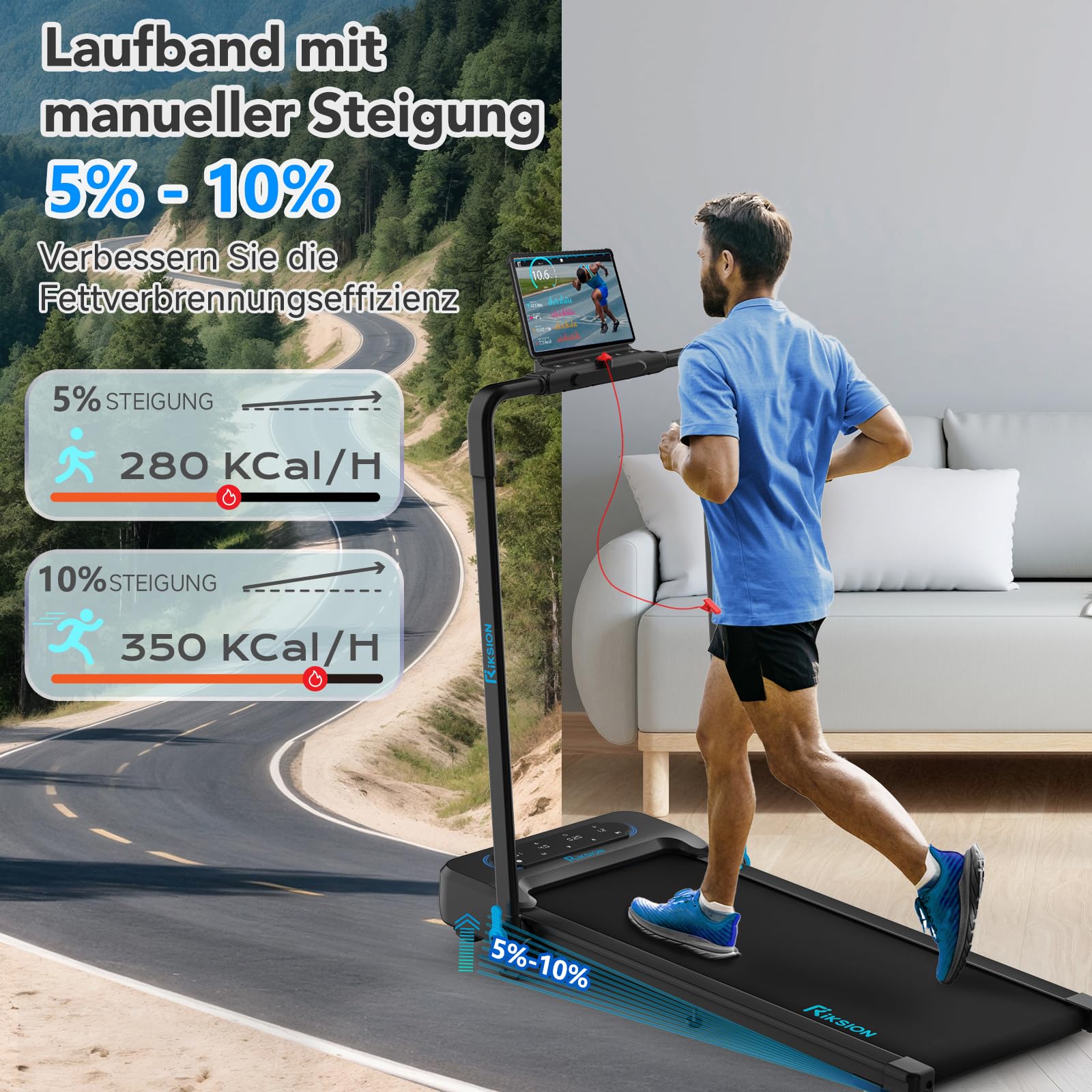 Laufbänder mit 10% Neigung LED-Monitor APP, 1-14 km/h Untertisch-Gehunterlage mit faltbarem Handlauf für Zuhause/Büro, Workout, Joggen