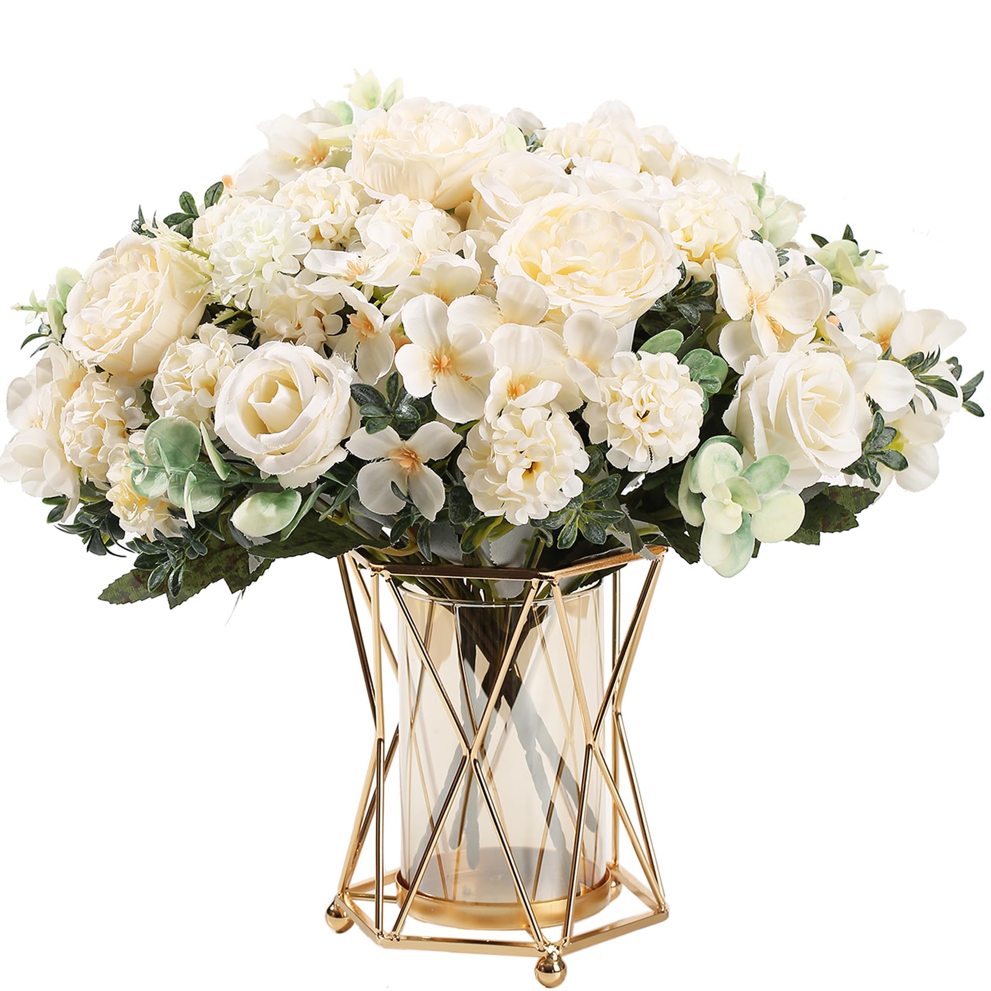 HNVNER Pfingstrosen Hortensien Kunstblumen Weiß Blumenstrauss,4 Bündel Seide Kunstrosen Blumenstrauß, Künstliche Seidenblumen Artificial Flowers für Home Party Hochzeit Bouquet Dekoration