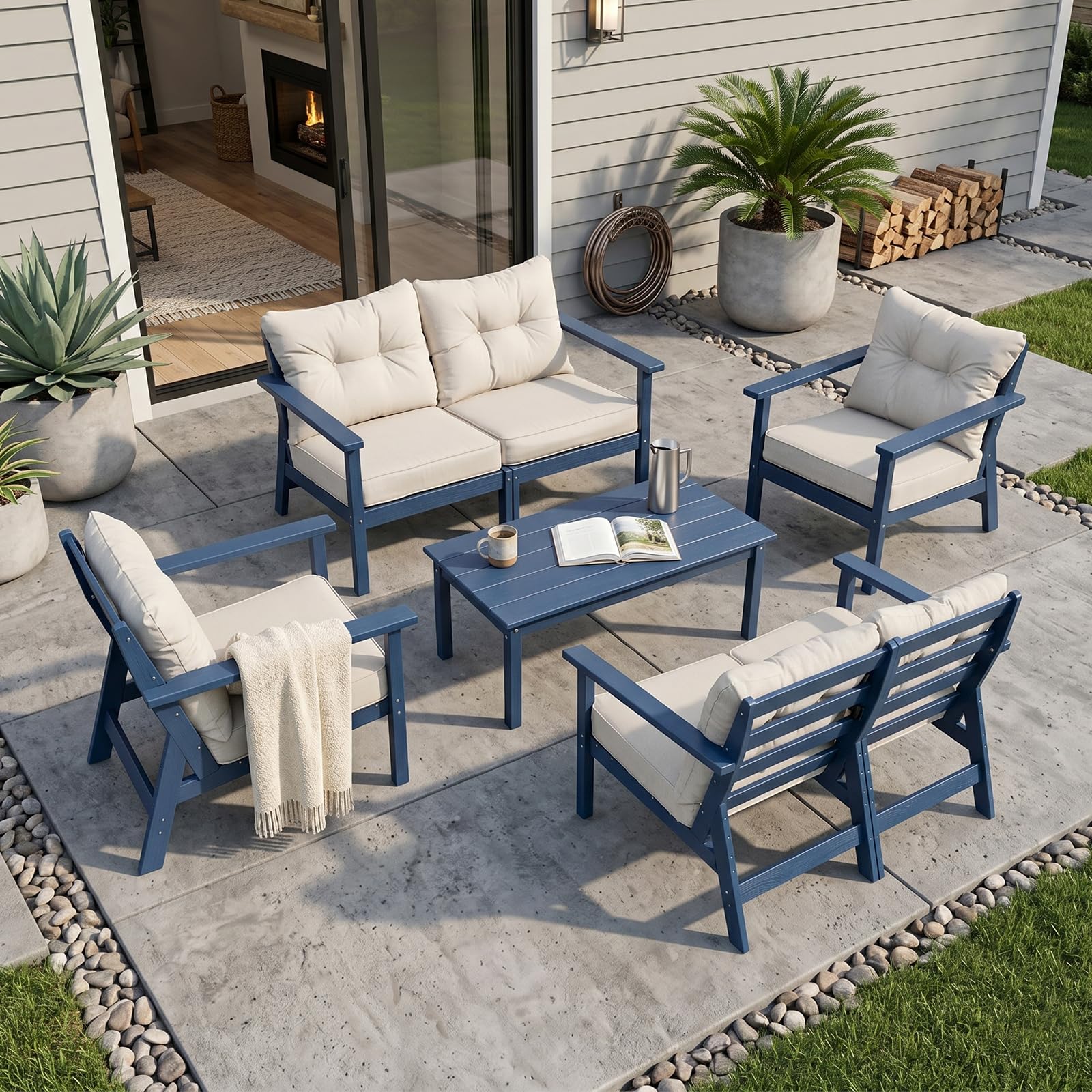 HDPE Patio Conversation Set 6 Seats, Outdoor Furniture Set, Patio Sofa Set