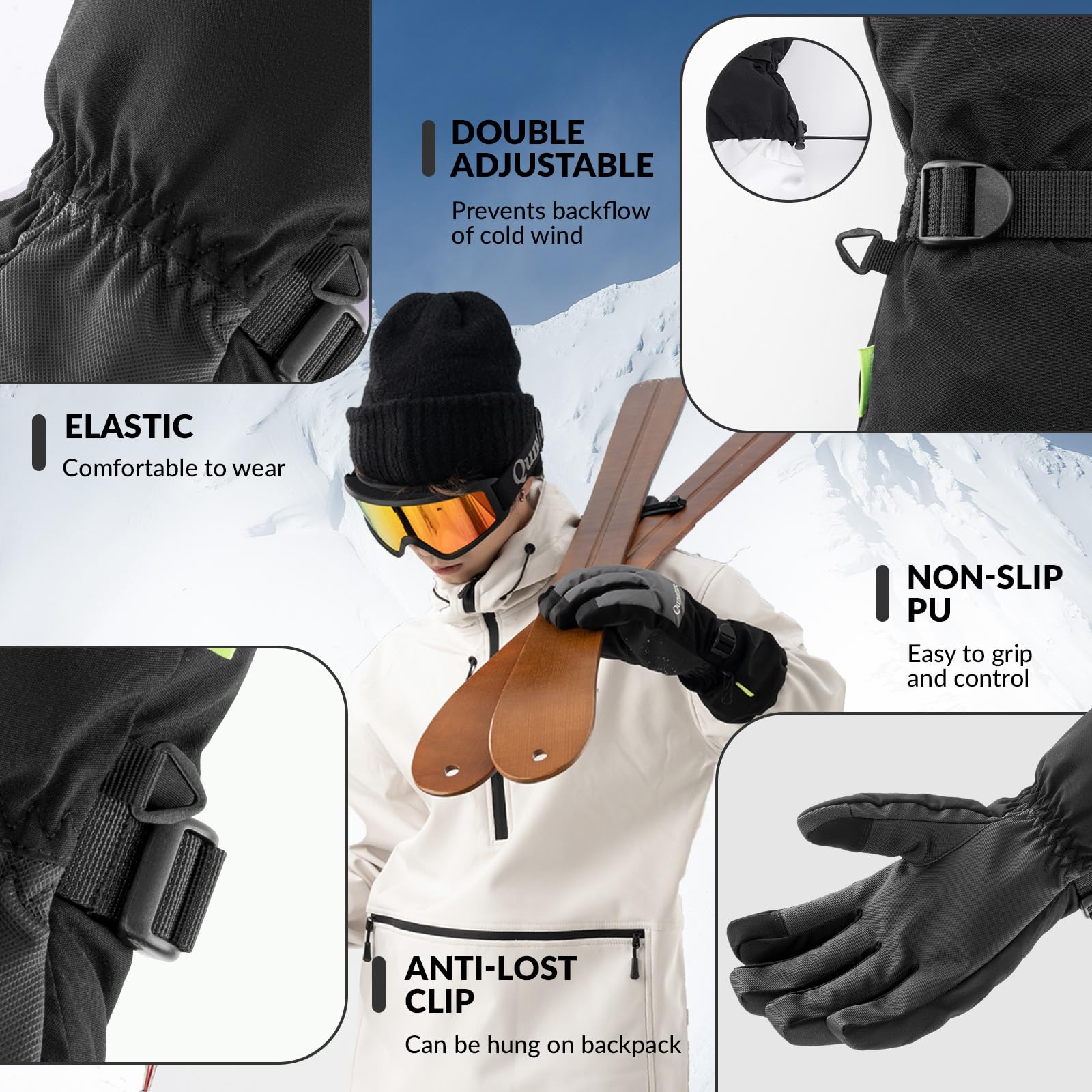 Guantes de Esquí Anti Viento para Mujeres Hombres Guantes Térmico con Pantalla Táctil Guantes Dedo Completo para Esquí Patinaje Ciclismo Deporte al Aire Libre