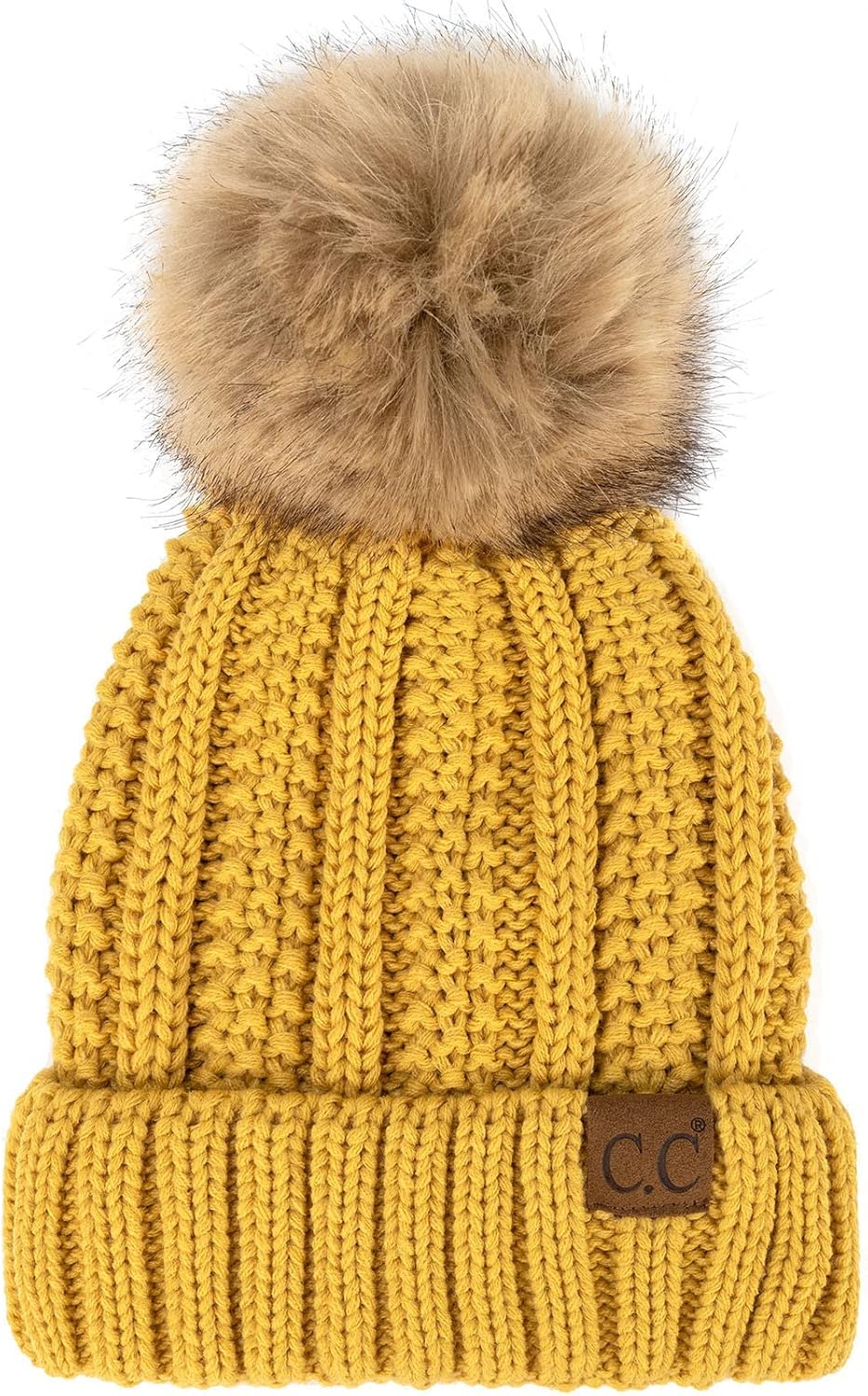 C.C Winter Sherpa Fleeced Lined Chunky Knit Stretch Pom Pom Beanie Hat Cap (Solid Honey Mustard)