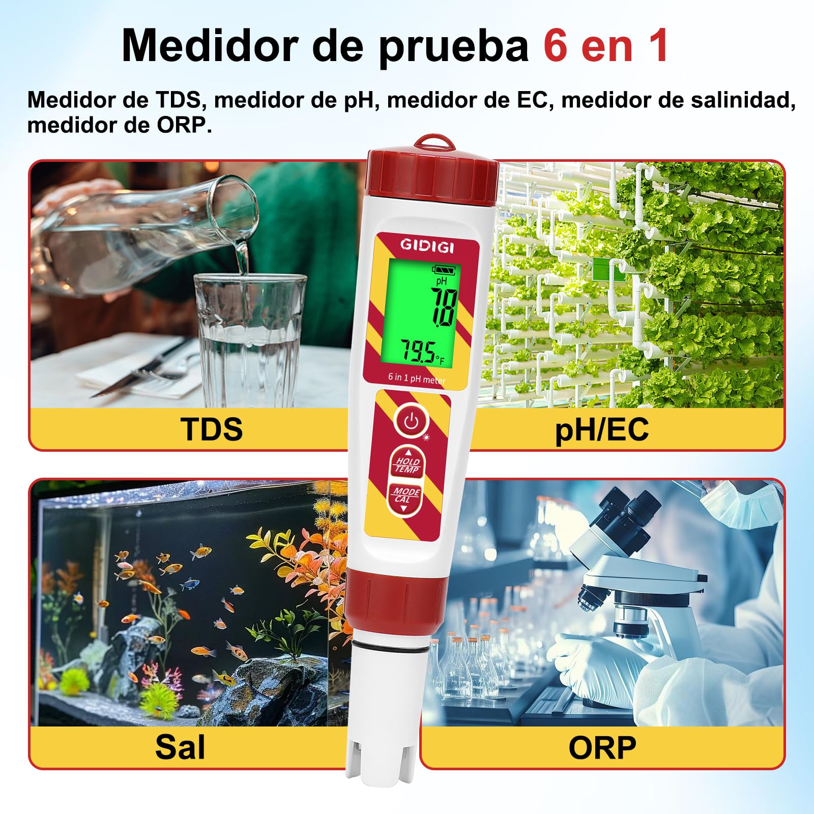 Comprobador digital de calidad del agua 6 en 1 para piscinas e hidropónicos, pH/ORP/TDS/EC/salinidad/TEMP con solución de calibración ORP, Medidor pH ORP para acuarios, agua potable, cerveza
