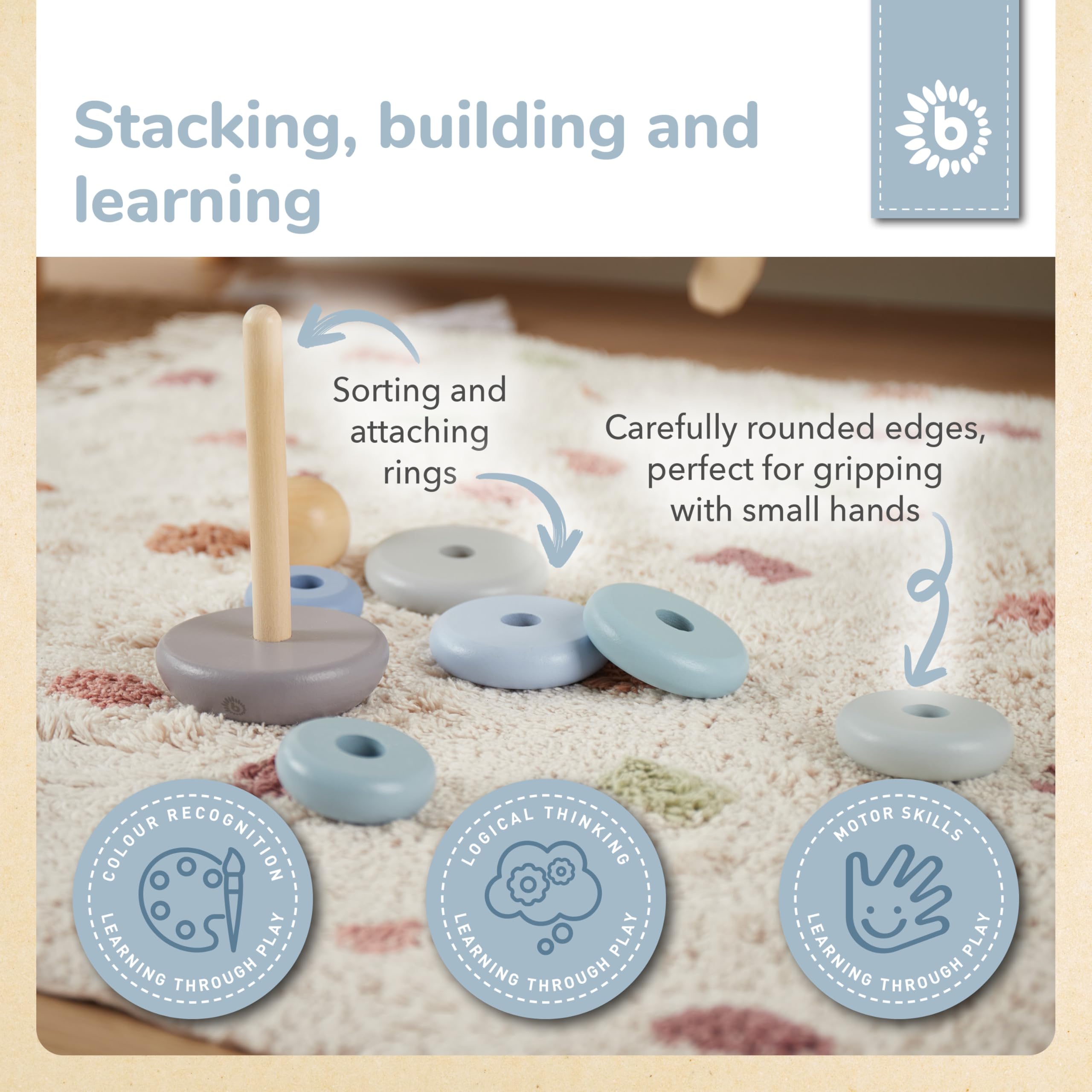 BIECO Wooden Stacking Tower Baby Toy, Blau, 9 x 9 x 19 centímetros - Image 3