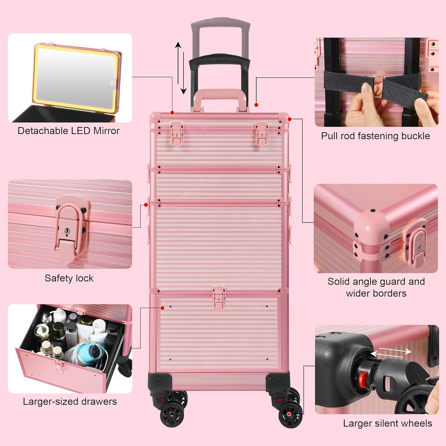 Makeup Train Case with LED Mirror, Rolling Makeup Case with Drawers, Cosmetology Case on Wheels, Gift, Travel Makeup Organizers, Profesional Cosmetic Case for Salon Barber,Nail,Tattoo, Pink - Image 6