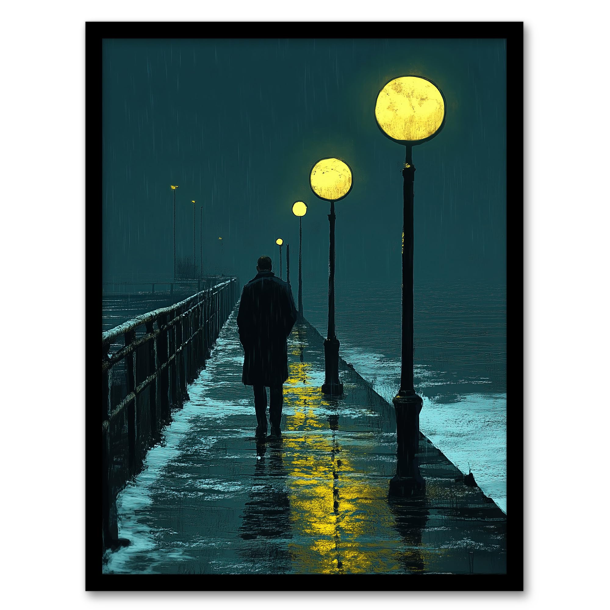 Artery8 Night Walk in Rain Under Promenade Street Lamps Living Room Artwork Framed Wall Art Print 18X24 Inch