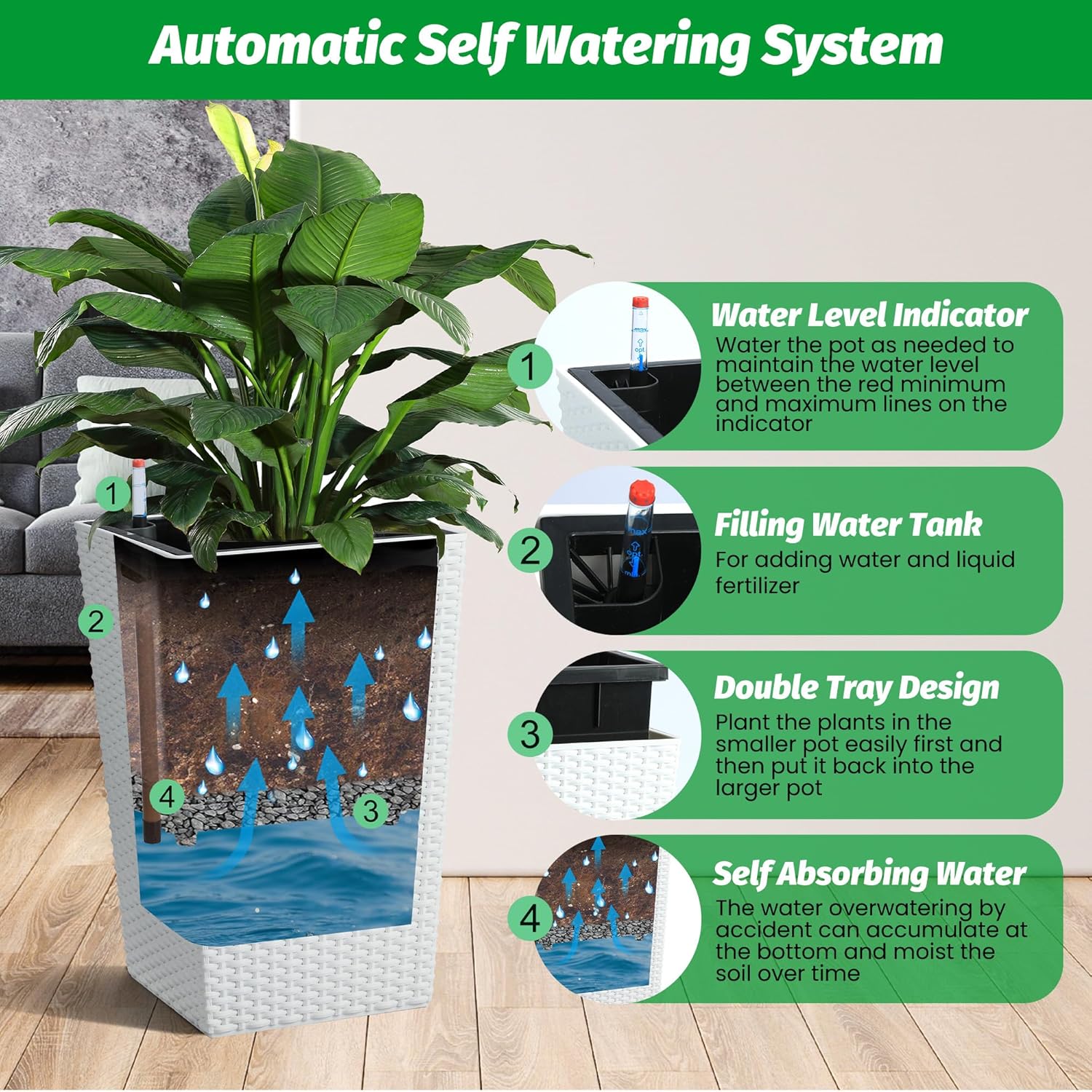US 2PCS Tall Rattan Planter 16/22.5" Flower Pot Water Level Monitor Wheel Patio - Picture 13 of 50