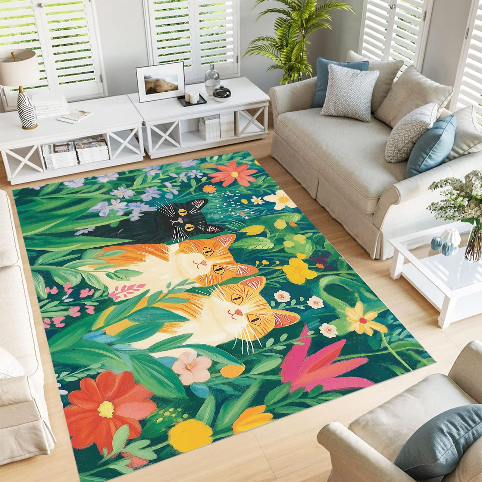 Tapis antidérapant et résistant aux taches motif chat forêt verte 80x150