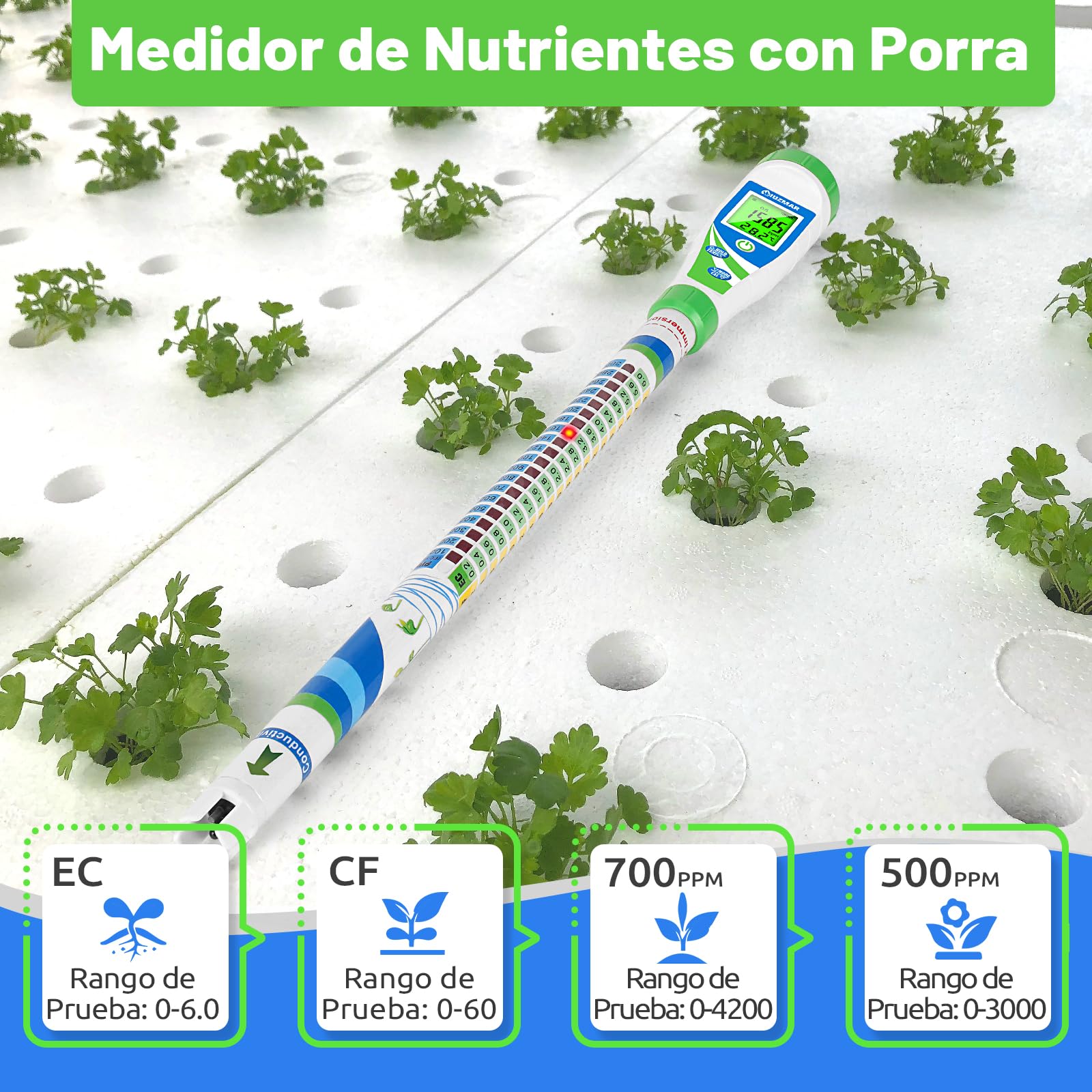 UIUZMAR Medidor de EC Agua Hidroponia, Medidor de Conductividad PPM CF | Medidor de Agua TDS 5 en 1, Conductimetro Portatil (EC, PPM 500, PPM 700, CF, Temp) con Porra para Hidroponía, Acuario