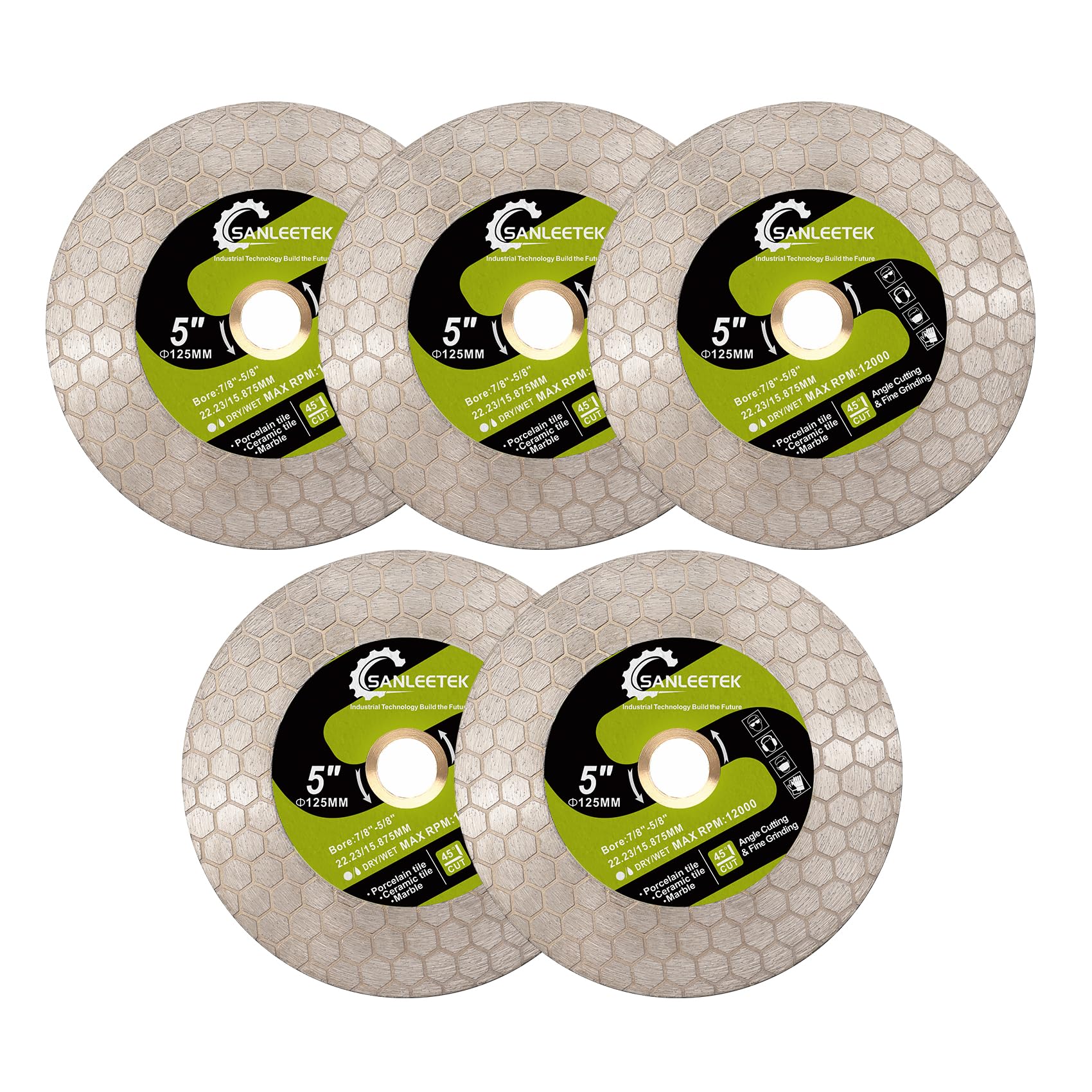 Diamond Tile Saw Blade - 5pcs 125mm Diamond Cutting Grinding Disc Hexagon Design for Porcelain Ceramic Tile Marble Artificial Stone Quartz SANLEETEK