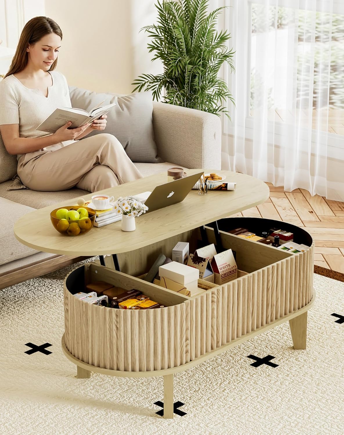 Oval Coffee Table with Lifting Top, 41" Fluted Coffee Table with Storage for Living Room or Home Office, Oak