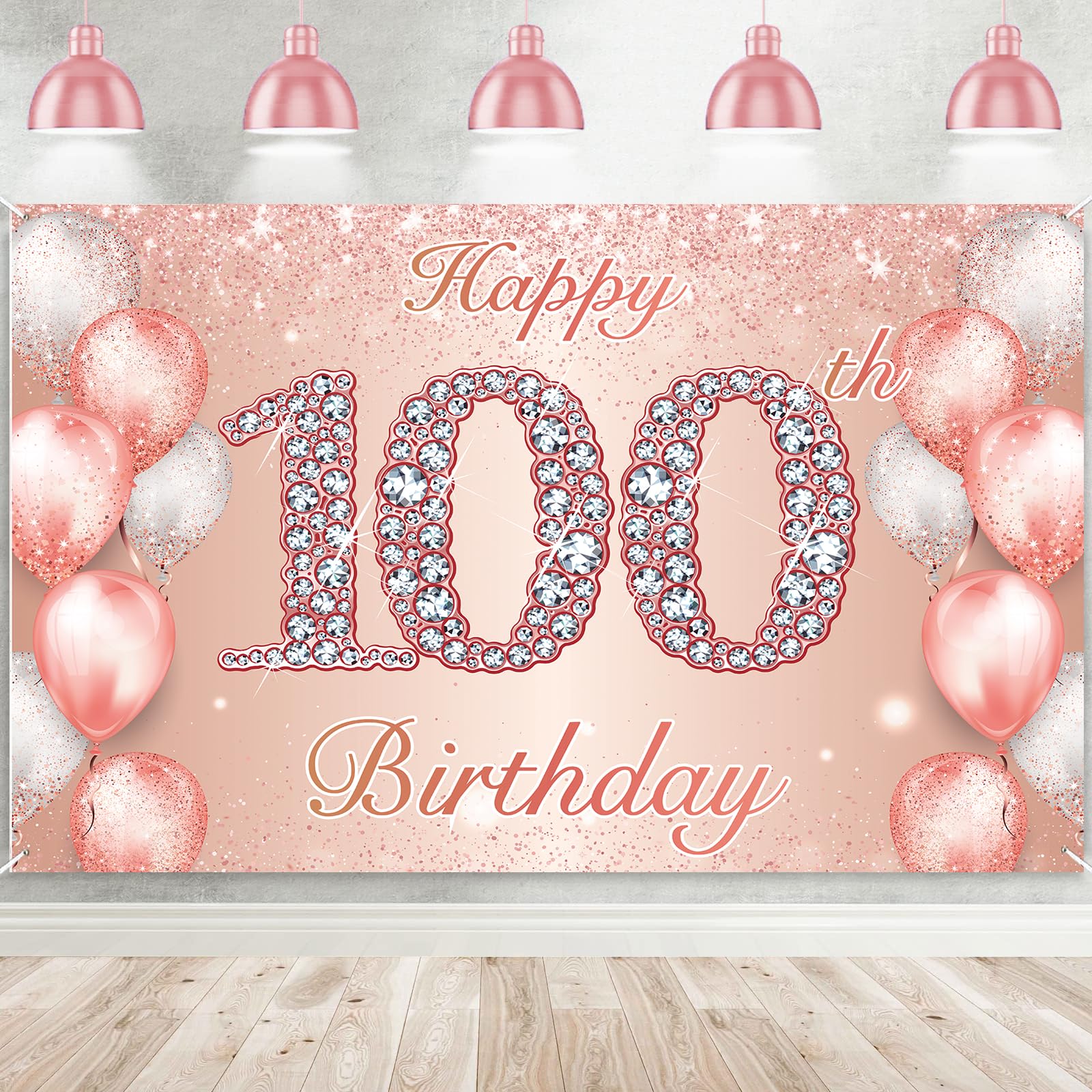 Happy 100th Birthday Rose Gold Banner Cheers to 100 Years Old Backdrop Confetti Balloons Theme Decor for Women 100 Years Old Pink Birthday Party Decorations Bday Supplies Background Favors Gift Glitter