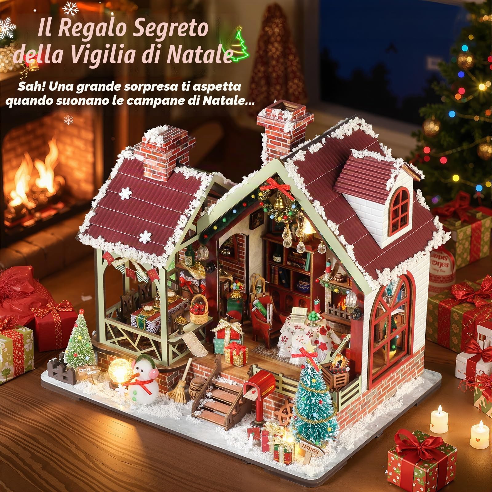 Cuteefun Miniature da Costruire con Musica, Casa delle Bambole DIY con Luci Touch, Diorama Natalizio, Natale e Compleanni (Rifugio di Natale)