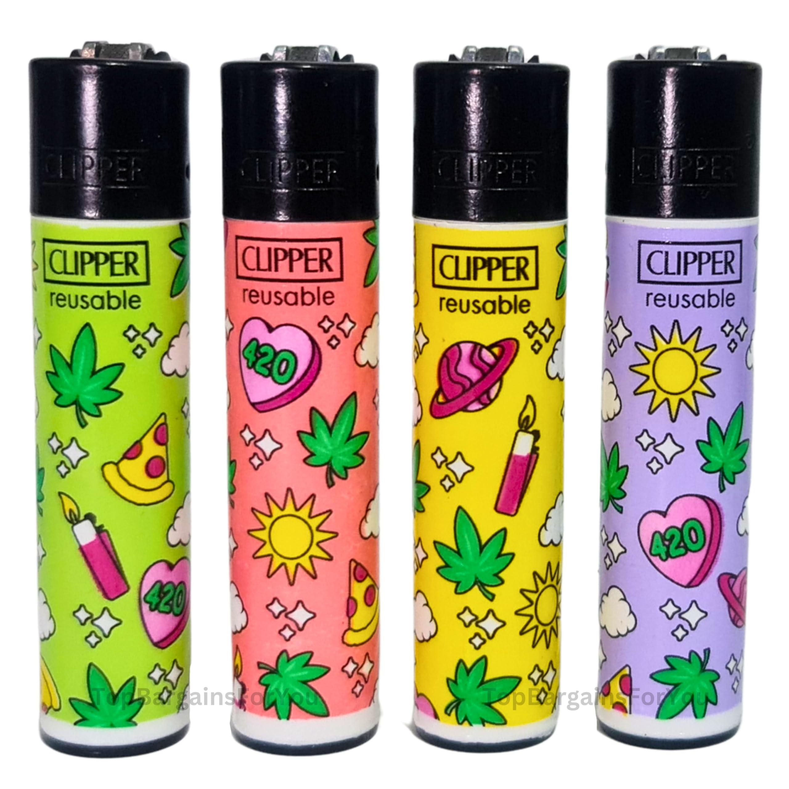 Zactly - 4 x Clipper Lighter Set Gas Refillable Windproof Lighters Standarad Size Replaceable Flint Rare Limited Edition (420 Pattern 2)