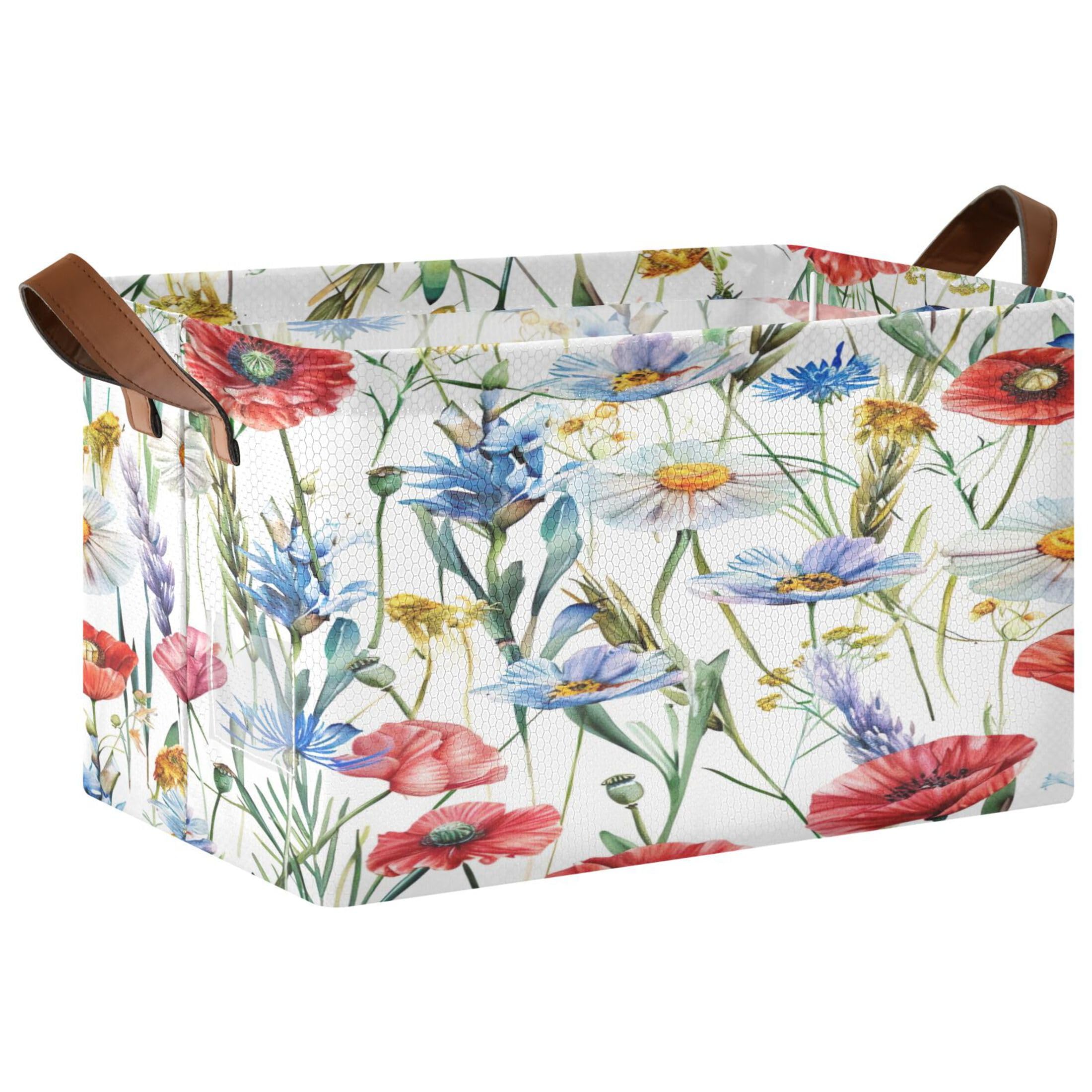 Kutsu Foldable Storage Basket Wildflowers Collapsible Storage Bin with Handles for Shelves, Rectangle Basket for Home Nursery Decor, 16.9x11.4x10 in