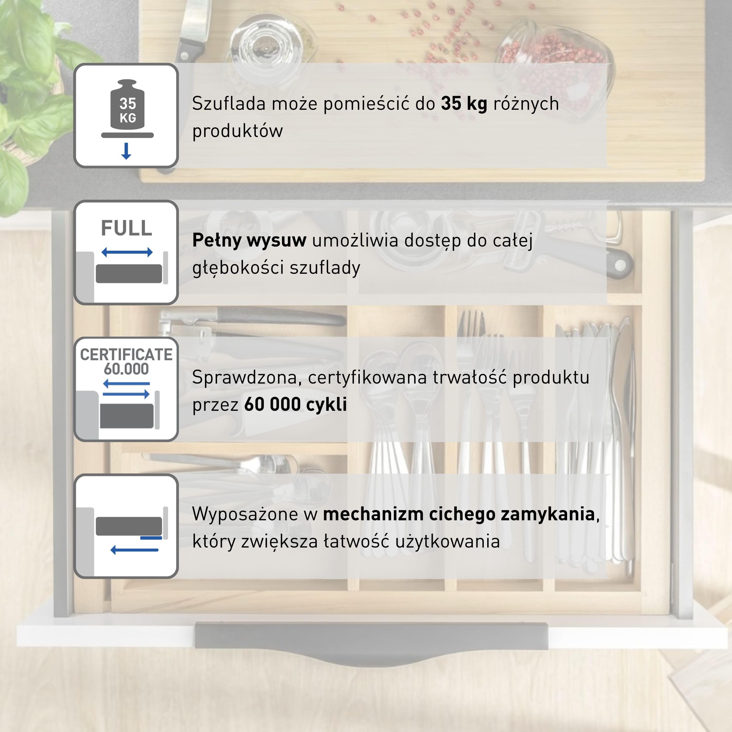 GTV - Prowadnice podłogowe, 1 para prowadnic do szuflad z systemem Soft Close, samozamykające się prowadnice do szuflad, nowoczesna prowadnica z amortyzacją, pełne wysunięcie, 600 mm, nośność do 35 kg
