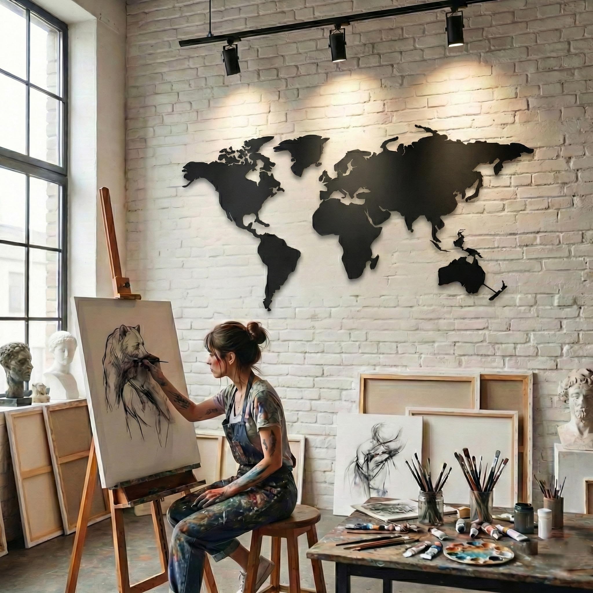 DEKADRON Arte de pared de metal, mapa del mundo de metal, continentes, decoración de pared de metal, decoración de interiores, 4 piezas (101 x 53 cm)