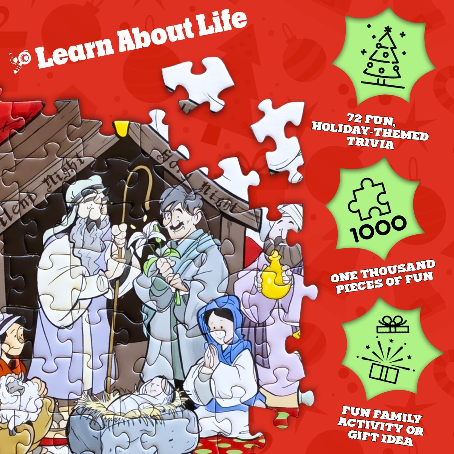 Learn About Life Christmas Trivia Puzzle – 1000-Piece Holiday Jigsaw with Festive Christmas Trivia, Challenging Family Puzzle, 19.3" x 26.6" Completed Size for Holiday Fun & Gift Giving Ideas