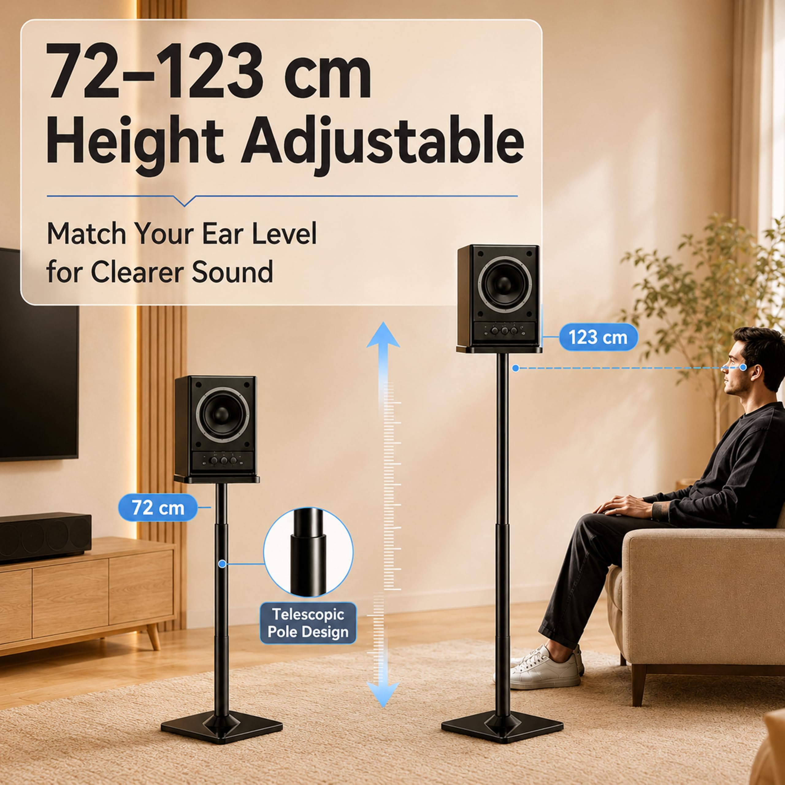 Soportes de altavoz ajustables en altura para satélites de hasta 10 kg, ampliables de 720 mm a 950 mm, soporte universal para altavoz de suelo con 2 tipos de almohadillas