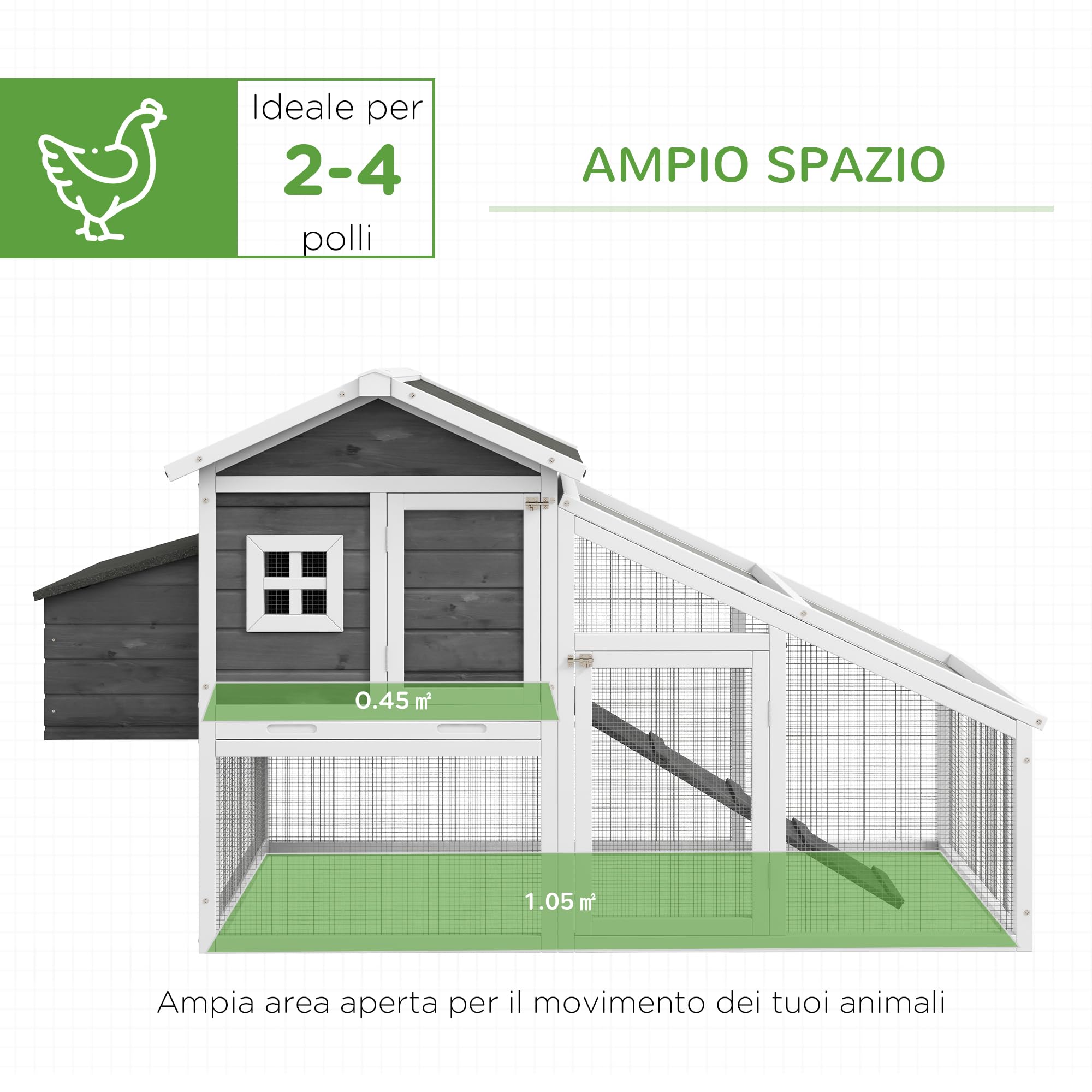 PawHut Gabbia per Galline Ovaiole o Anatre, Pollaio Prefabbricato in Legno di Abete con Tetto Impermeabile, 178x95x100 cm, Grigio