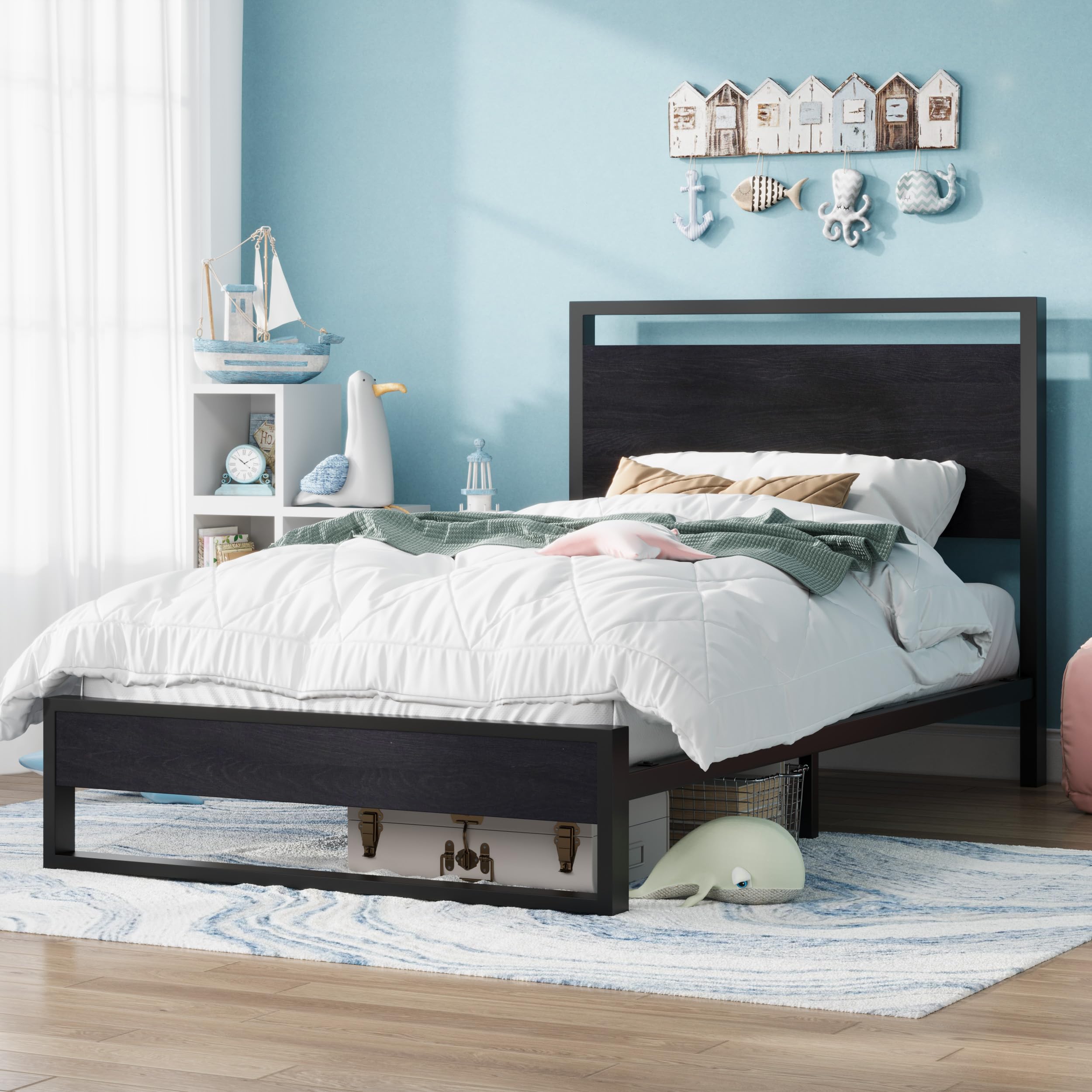 Allewie Sturdy Metal and Wooden Bed Frame with Headboard and Footboard,8.6" Underneath Space, No Box Spring Needed, Modern Design,Black,Twin