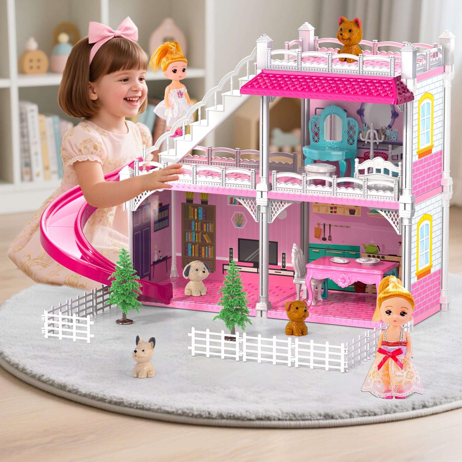Doloowee 2-Story DIY Dollhouse with 3 Rooms, Pets & Furniture for Girls 3-8 — Amazon image 4