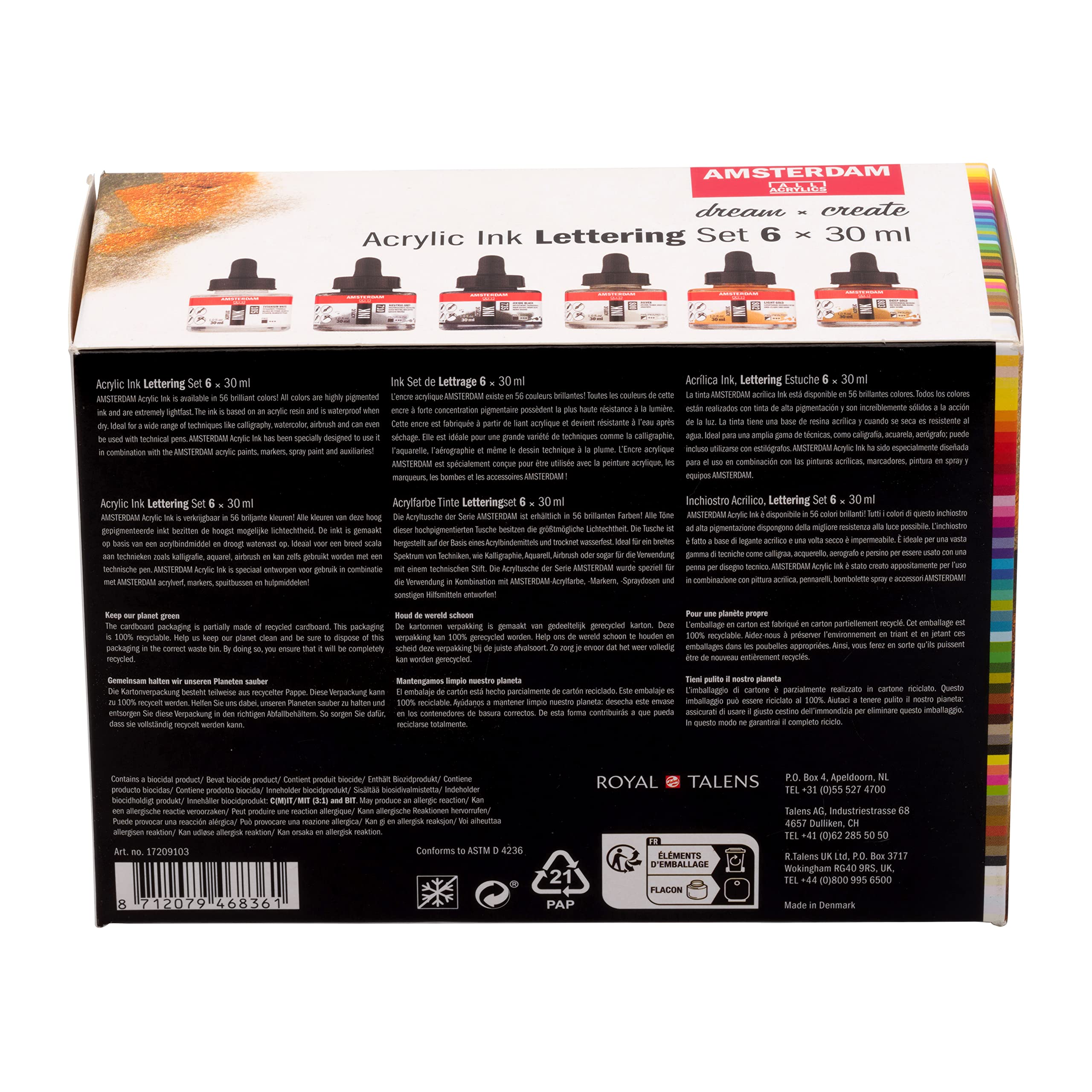 Amsterdam Set d’Encres Acryliques | Set Lettrage (6 x 30 ml) | Noir, Blanc & Couleurs Métalliques | Peinture Acrylique Fluide