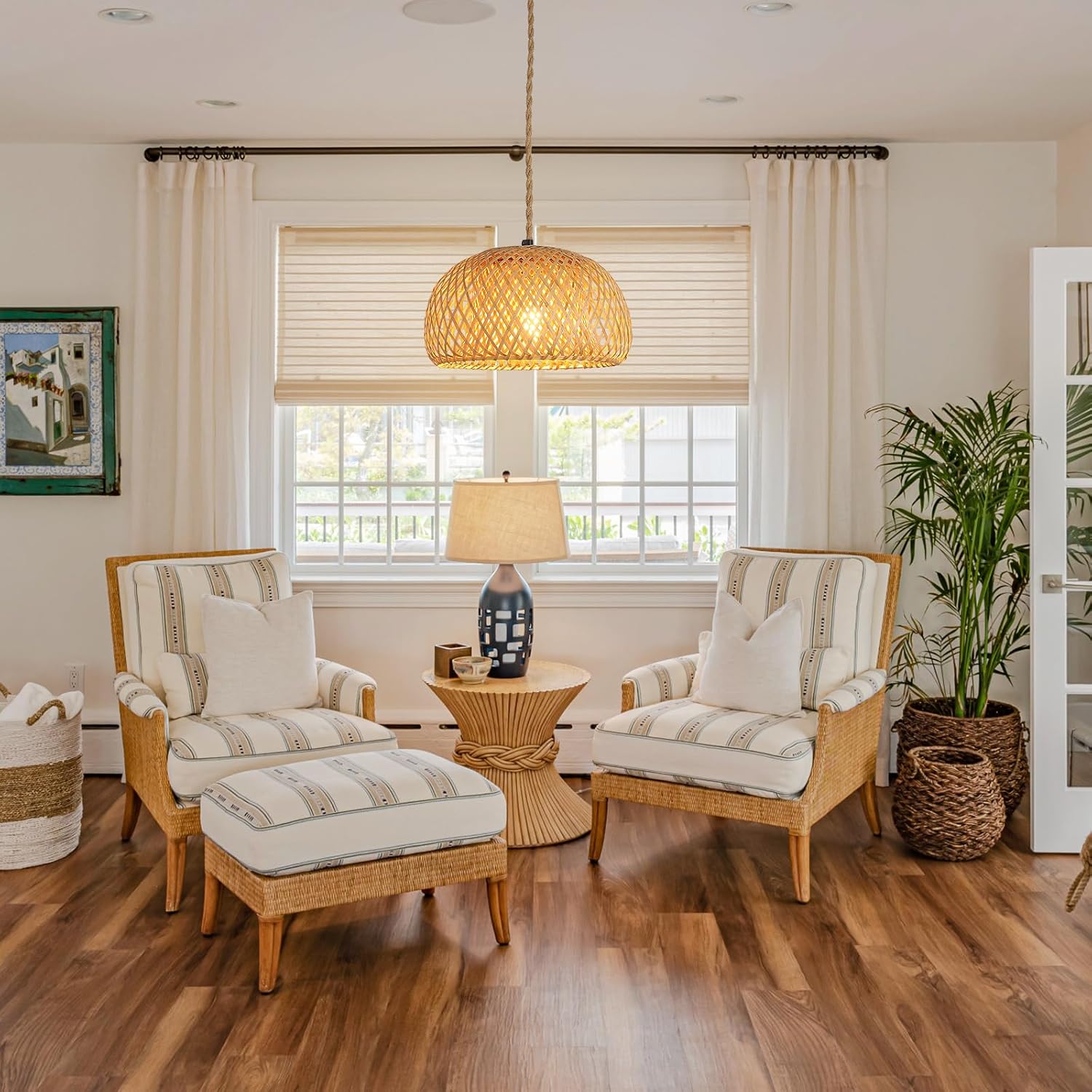 Boho Pendant Light Plug in: Handmade Bamboo Hanging Lamp with 14.7ft Cord and Switch, Woven Basket Hanging Light Fixture for Living Room, Bedroom, Kitchen, E26 Base No Bulb