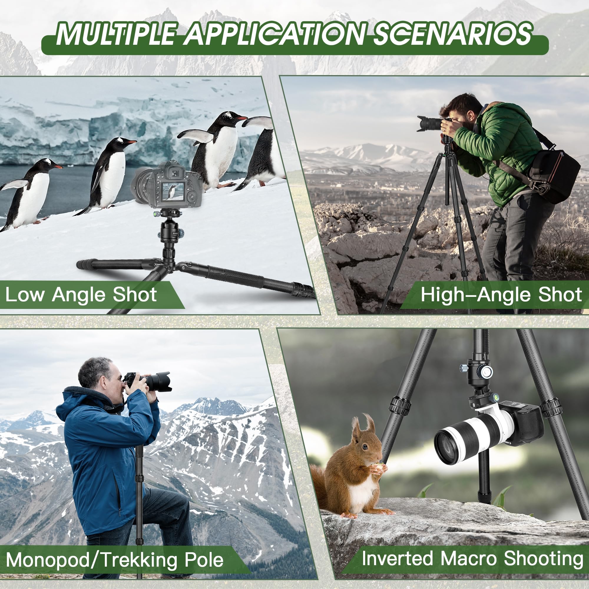 Manbily Treppiede per fotocamera in fibra di carbonio da 13"-76" con tubo da 32 mm, treppiede portatile per fotografia con testa a sfera panoramica a 360° da 44 mm, carico massimo 20 kg, piastra Arca