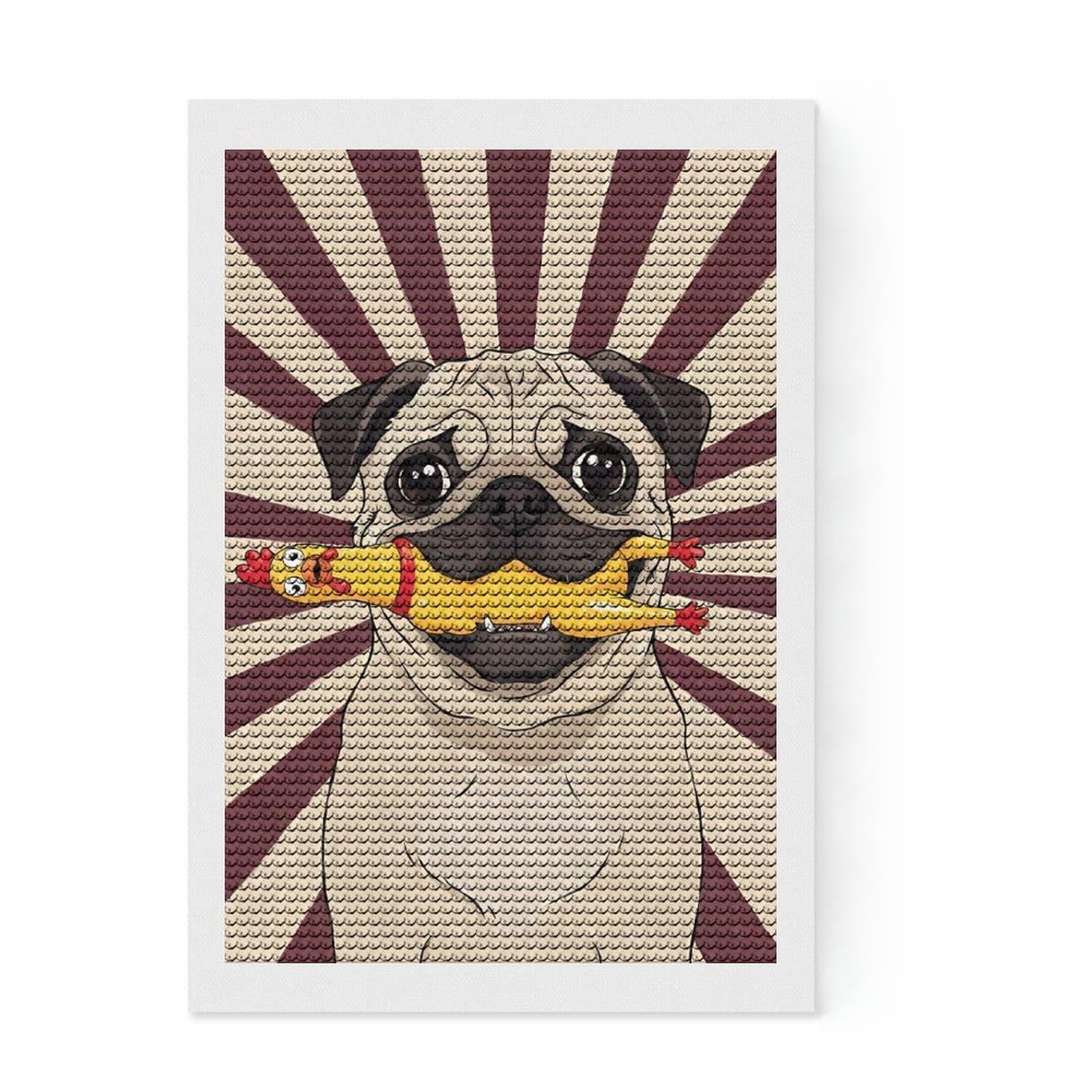 Junmoney Pug with Rubber Chicken Art DIY Diamond Art Canvas Kit 8"x12", Calming Craft to Unwind, Adhesive Canvas, Aesthetic Room Decor, Christmas Gift