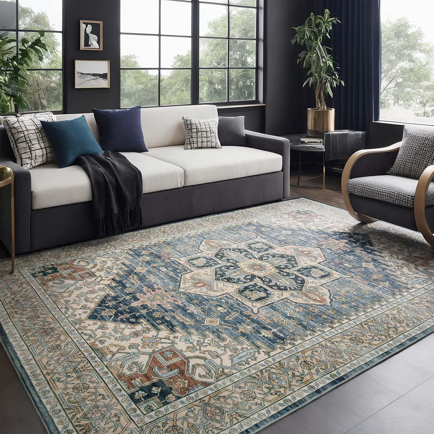 Washable Area Rugs Living Room - 9x12 Large Soft Machine Wash Low Pile Non-Slip Area Rugs, Vintage Neutral Carpet for Dining Room Bedroom Indoor Home Dorm Office Farmhouse Decor Blue 9' x 12' Blue