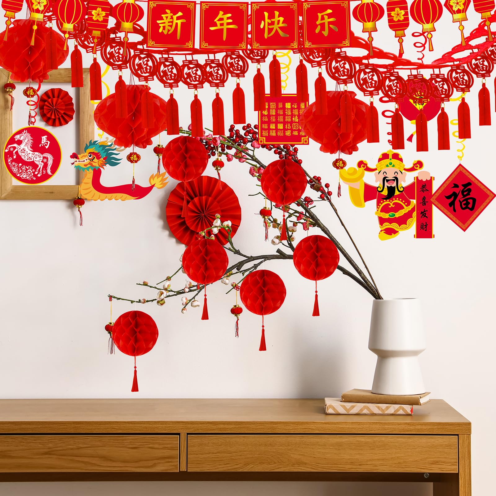 Winlyn Bulk Capodanno cinese Decorazioni per feste orientali da appendere lanterne rosse ghirlanda fortunata festa turbinii Capodanno Banner a nido d'ape palle per Capodanno lunare asiatico Capodanno