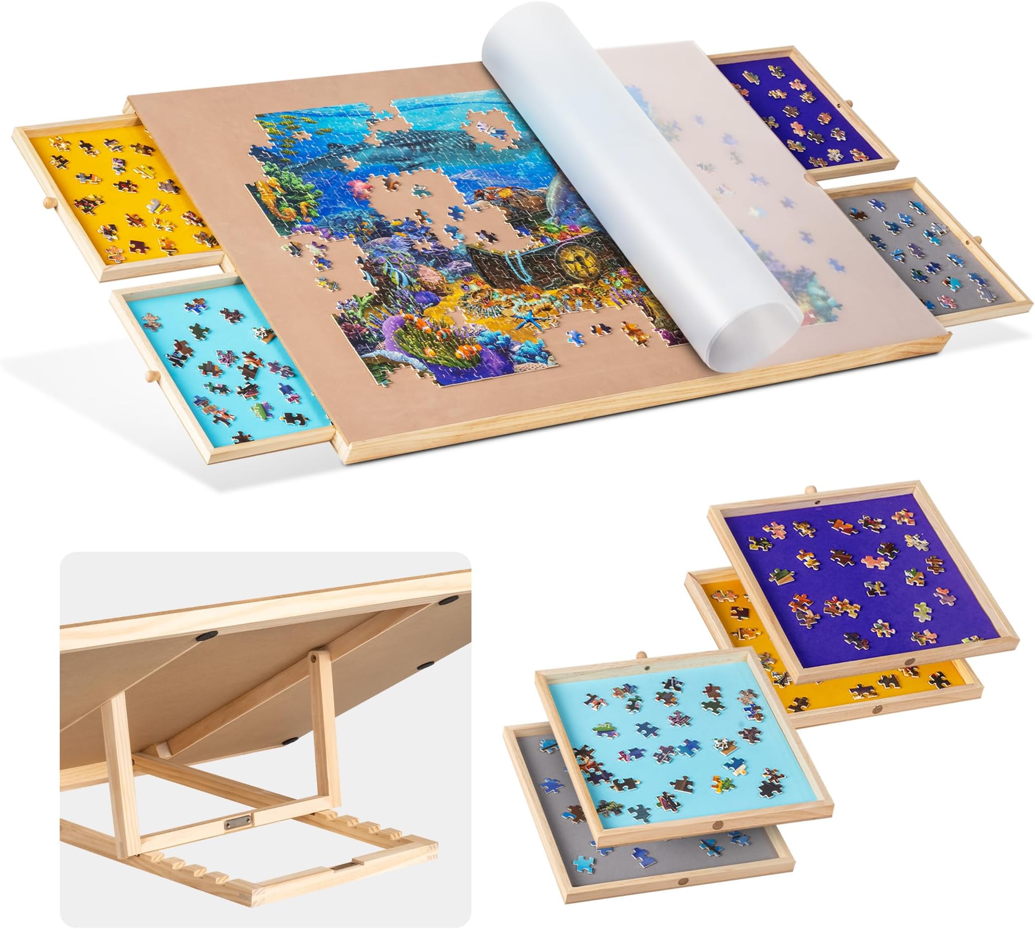 Becko US 1500-Pc Tilting Puzzle Board with 4 Colorful Drawers & Cover, Adjustable Jigsaw Puzzle Table with Built-in Easel/Stand, Portable Tables with Storage for Adults, with Premium Flannel Tabletop