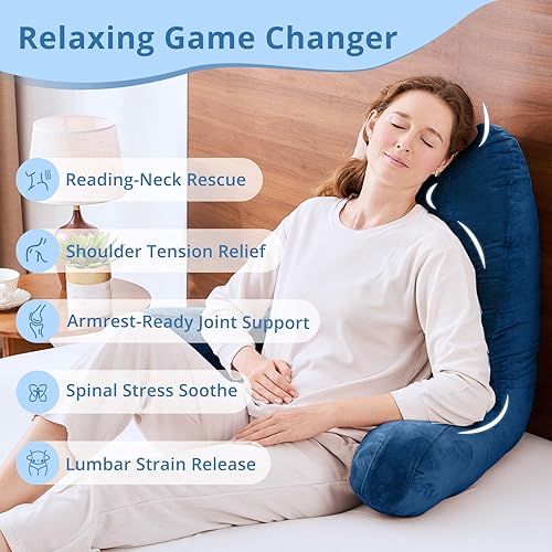 Miniatura 6 de Sasttie Almohadas de lectura, 25 pulgadas, para sentarse en la cama, terciopelo, jumbo, respaldo alto XL, apoyo de espalda para sofá y piso, Azul
