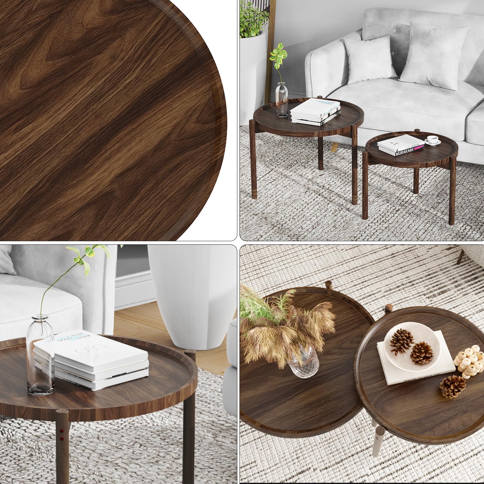 Lot de 2 tables basses rondes gigognes pour salon, chambre à coucher, balcon