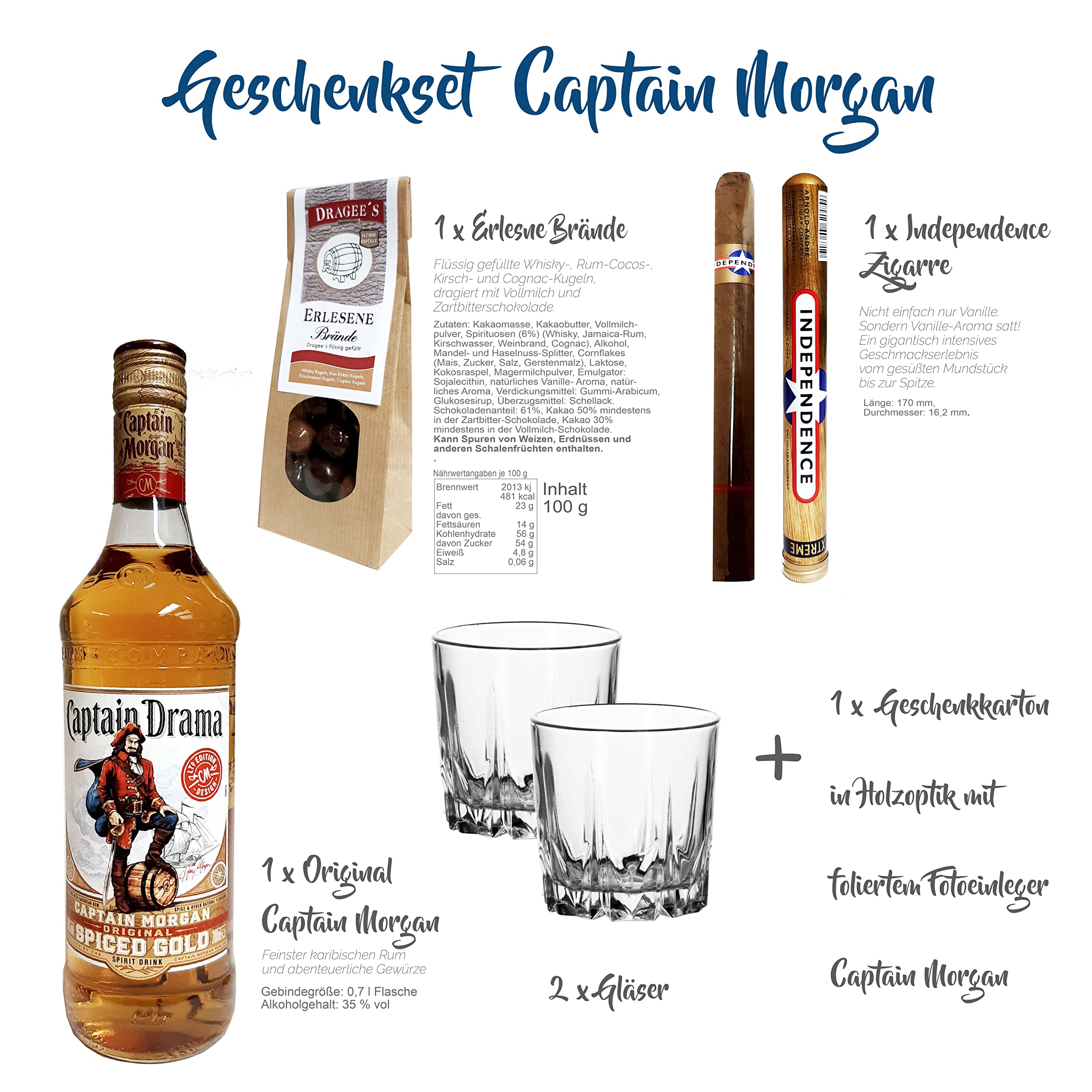 Captain Morgan Geschenk Set | Feinster Karibischer Rum mit Original Glas, Zigarre und Dragee´s | Geschenkkorb 5-teilig | Geschenk für Männer | Geschenkideen mit Alkohol | Präsentkorb gefüllt