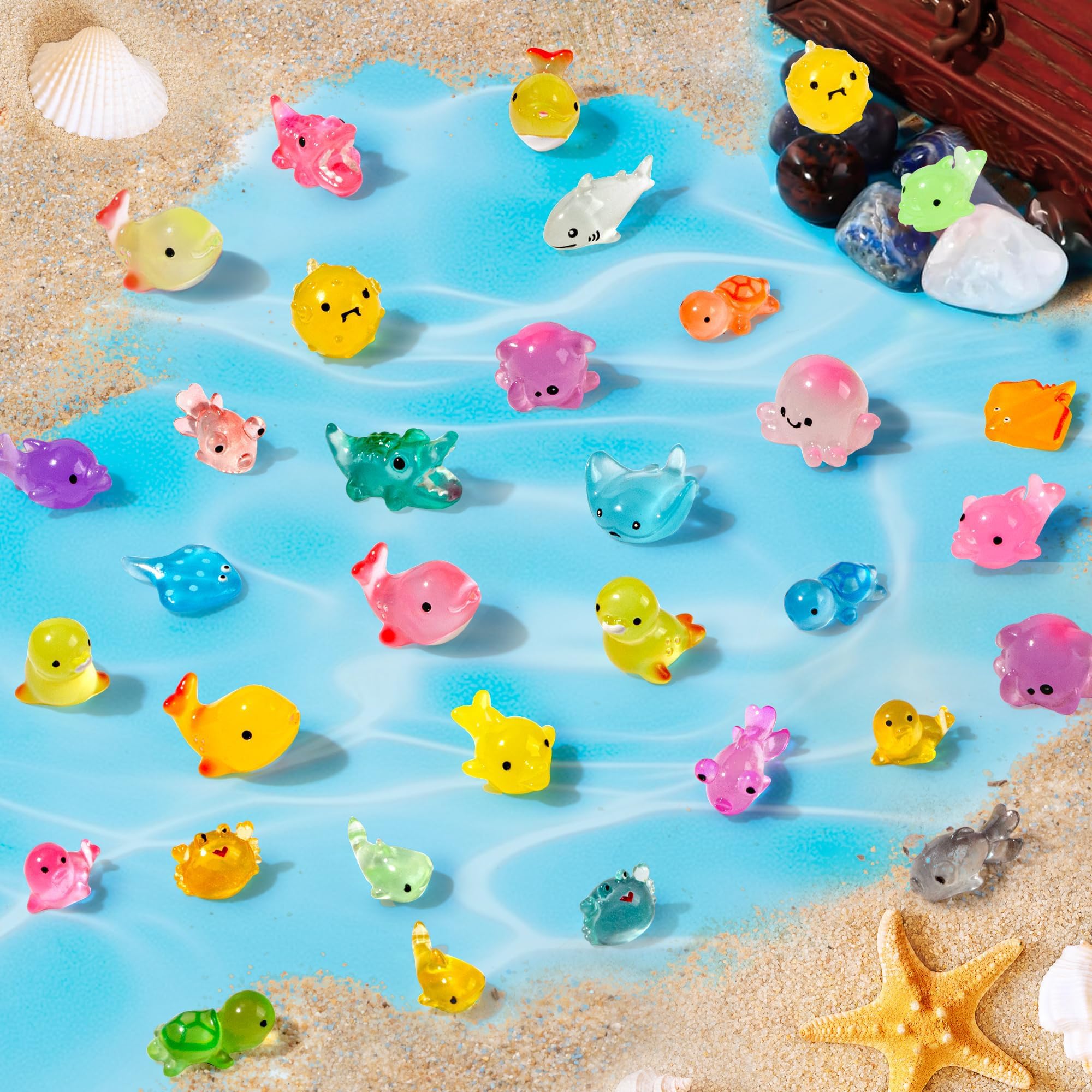 FEXIA 50 Pcs Ocean Mini Resin Animals Tiny Aquariums Decor Glow in The Dark Resin Figures Luminous for Garden Landscape Sea Decor DIY