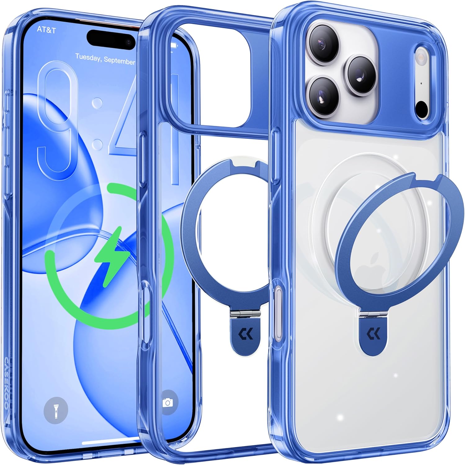 Product image of CASEKOO Deep Blue for iPhone 17 Pro Max Case with Ultra Magnetic Stand, Fit for MagSafe, 16FT Military Grade Protection, Kickstand for Viewing & Work, Clear Back, Blue
