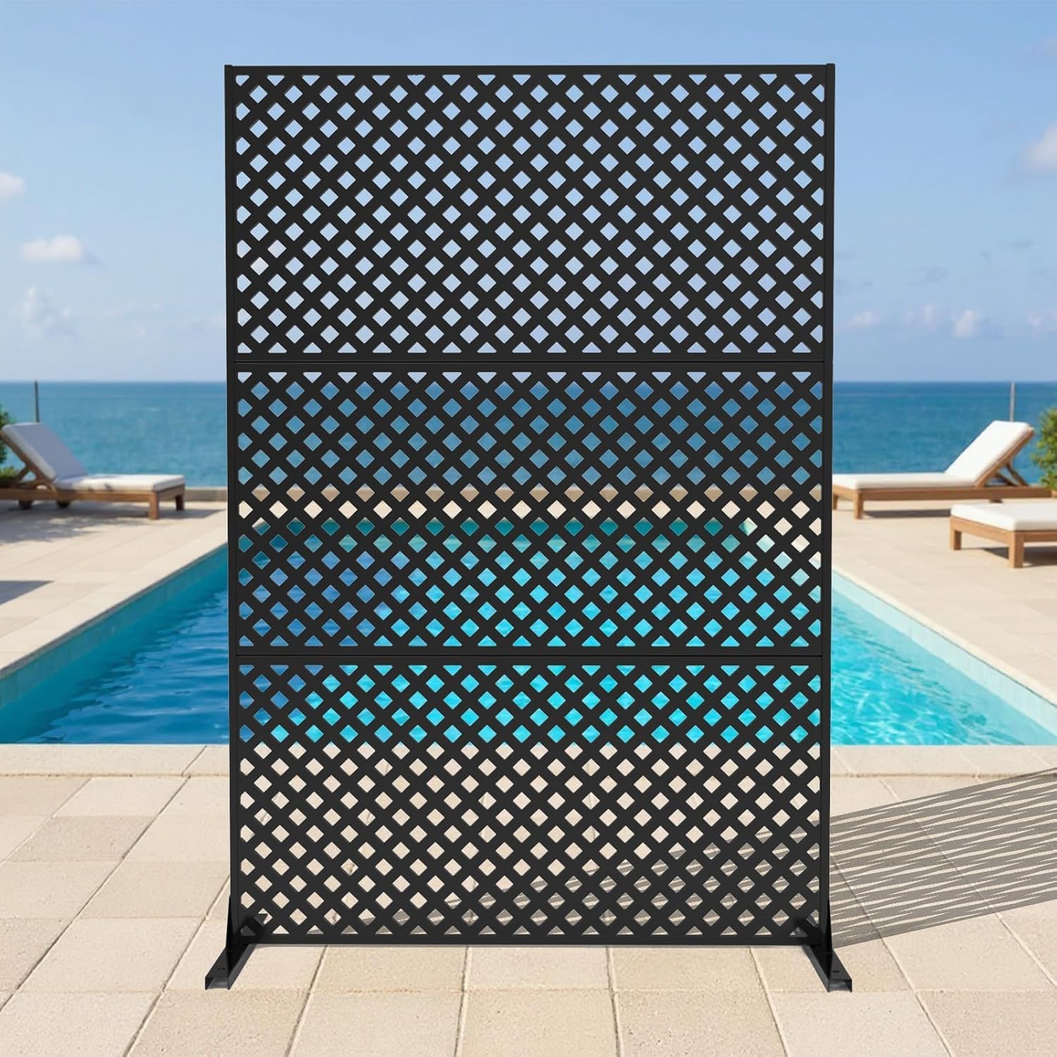 IDEALHOUSE 70" Metal Privacy Screen, Freestanding Decorative Room Divider with Geometric Pattern, Rustproof Outdoor Privacy Fence for Patio Balcony Poolside Indoor, Black