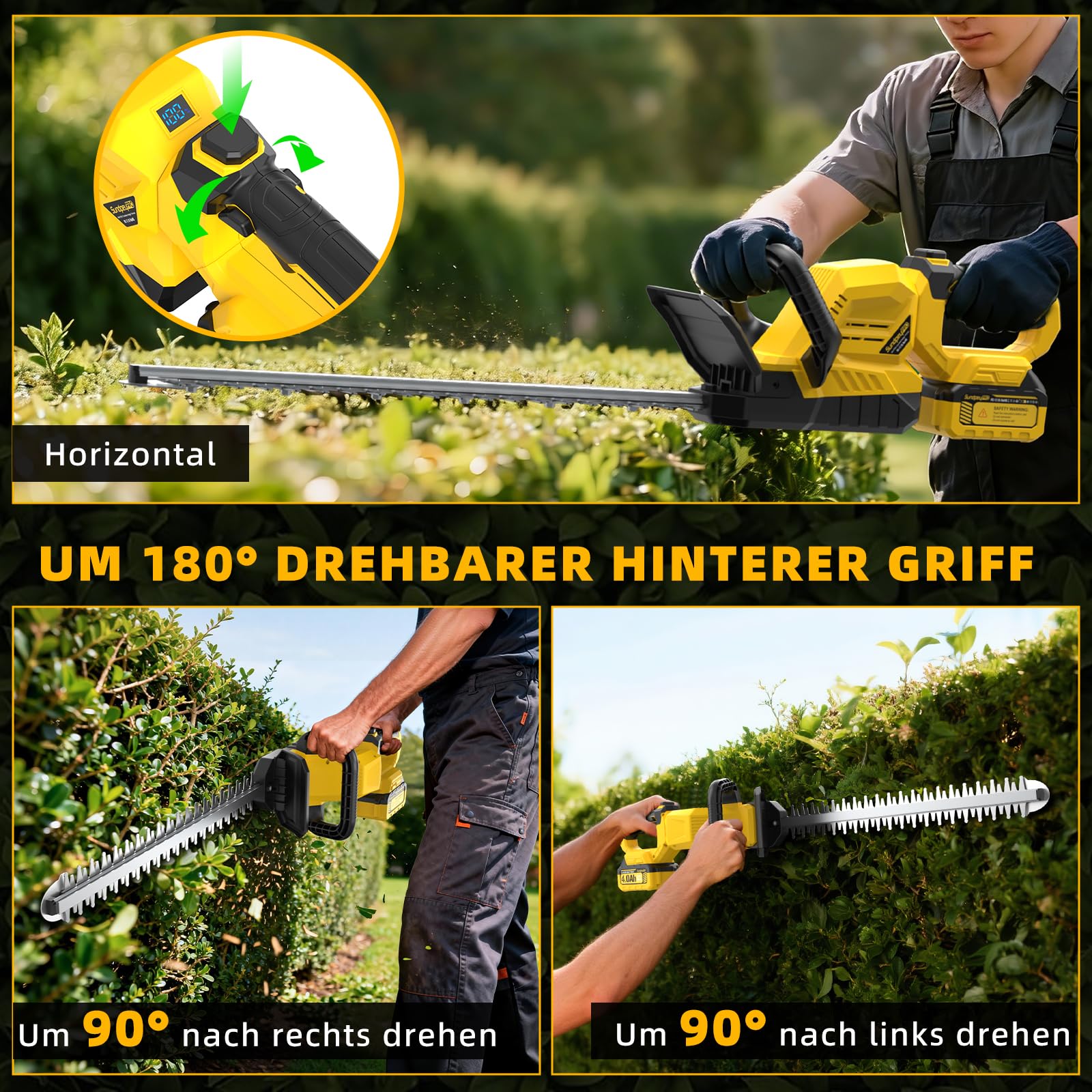 53cm Akku Heckenschere mit 2x4.0Ah Akkus und Ladegerät - 21V Leichte Elektrische Heckenschere mit Akku, 16mm Zahnabstand, 180° Drehbarer Griff, Heckenscheren für Garten und Sträucher