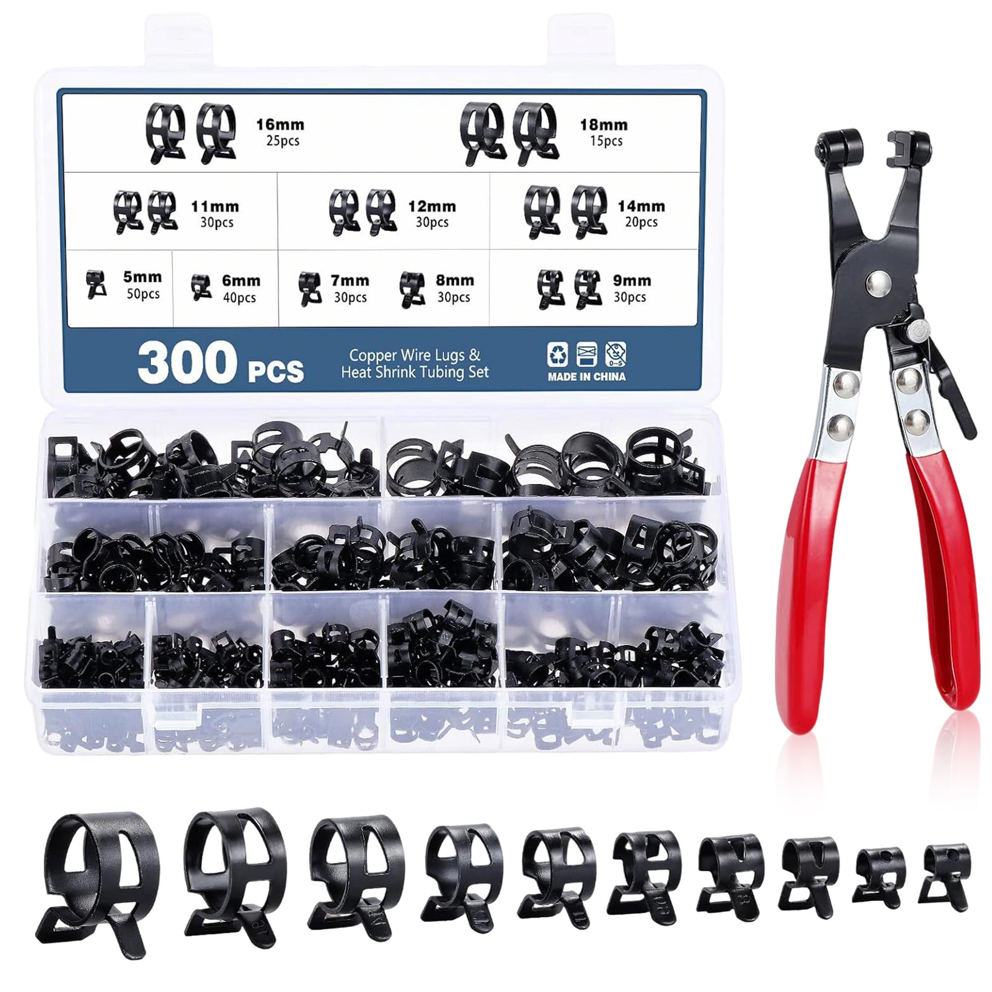 300 Stück Schlauchschellen Set KFZ: 10 Größen Schlauchklemme Federbandschellen 5-18mm mit Einer Schlauchklemme Zange Kraftstoffleitung Reparaturset