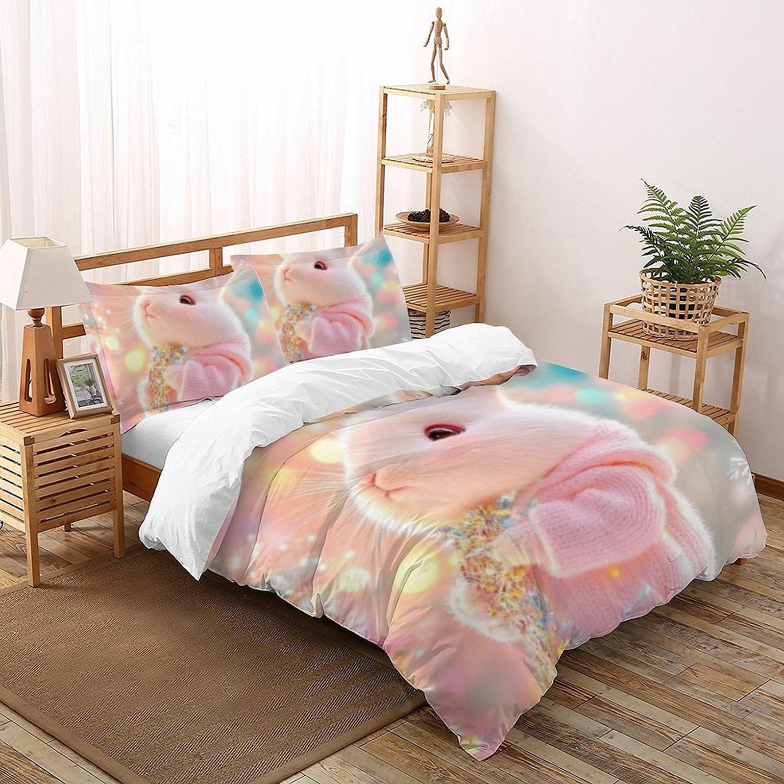 Housse de couette double 200x200cm en microfibre imprimé 3D Lapin Animaux Land avec fermeture