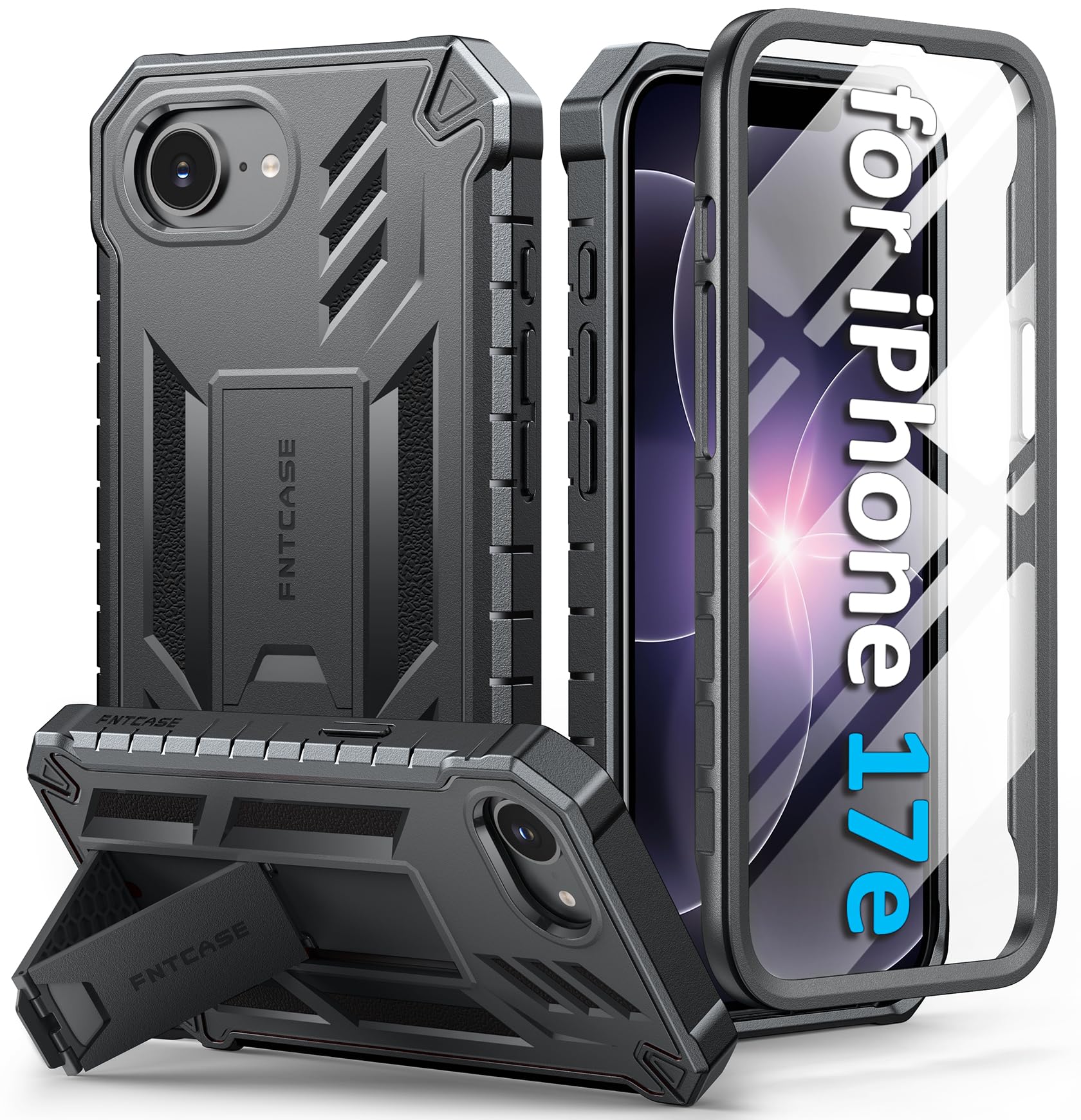 FNTCASE for iPhone 17e Case with Built-in Screen Protector and Kickstand | 20FT Military-Grade Drop Protection, Anti-Slip Matte Textured, Rugged Heavy Duty Shockproof TPU Protective Phone Cover Black