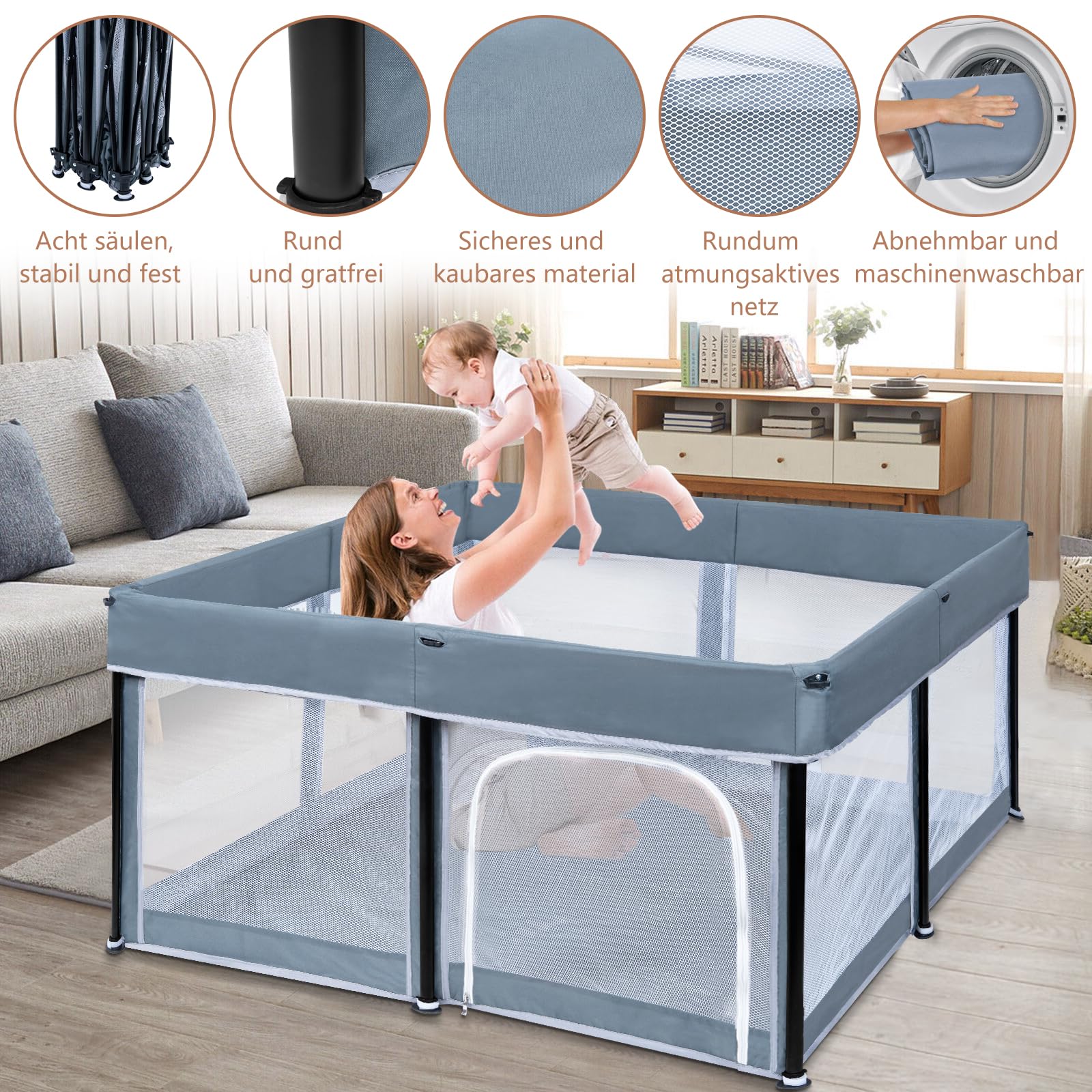OUUTMEE Box per bambini, 127 x 127 cm, pieghevole, recinzione da gioco per bambini, 150D, Oxford, per interni ed esterni, con custodia, Playpen (grigio scuro)