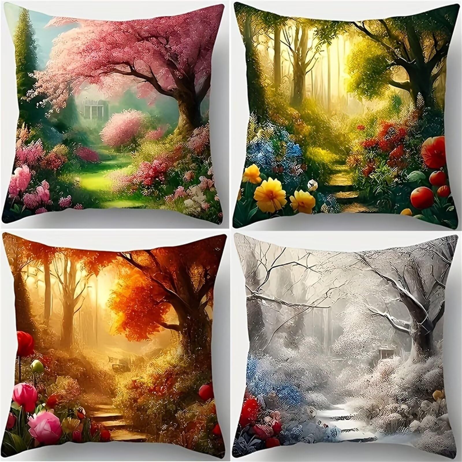 Housses de Coussin 60x60 cm Lot de 4 - Printemps Été Automne Hiver - en Lin Doux et Respirant - Taies d'oreiller Décoratives avec Fermeture Éclair Dissimulée pour Canapé, Salon et Chambre