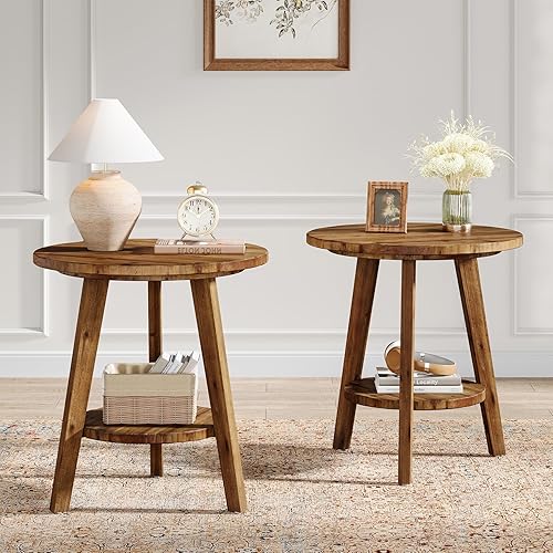 Miniatura 1 de Juego de 2 mesas auxiliares de madera maciza, mesa auxiliar redonda para sofá con estante de almacenamiento, mesita de noche de granja para sala de