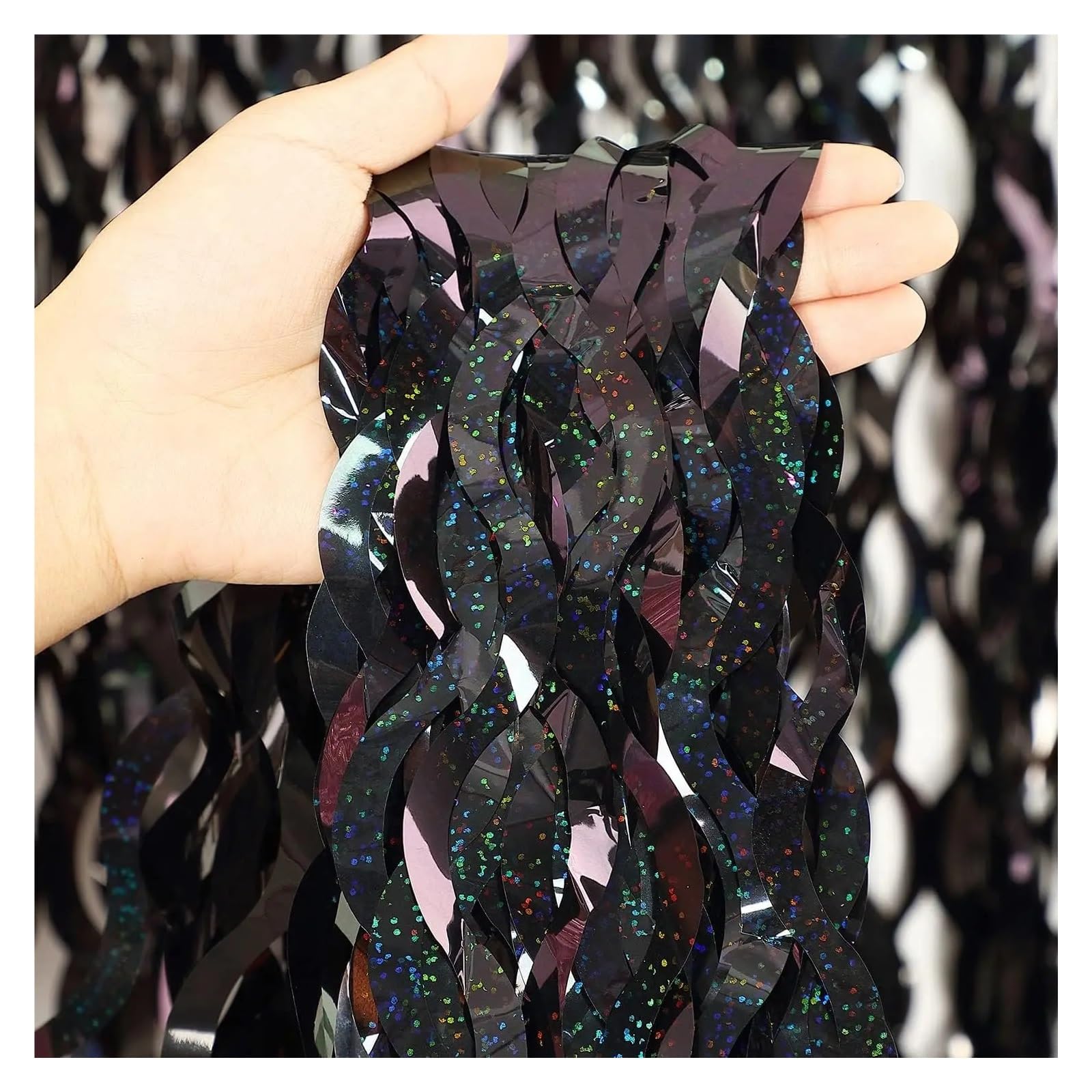 Tinsel Curtain Party Backdrop 1x2M Tinsel Foil Fringe Curtain Backdrop Wall Curtains for Under the Party Decoration(B Black)