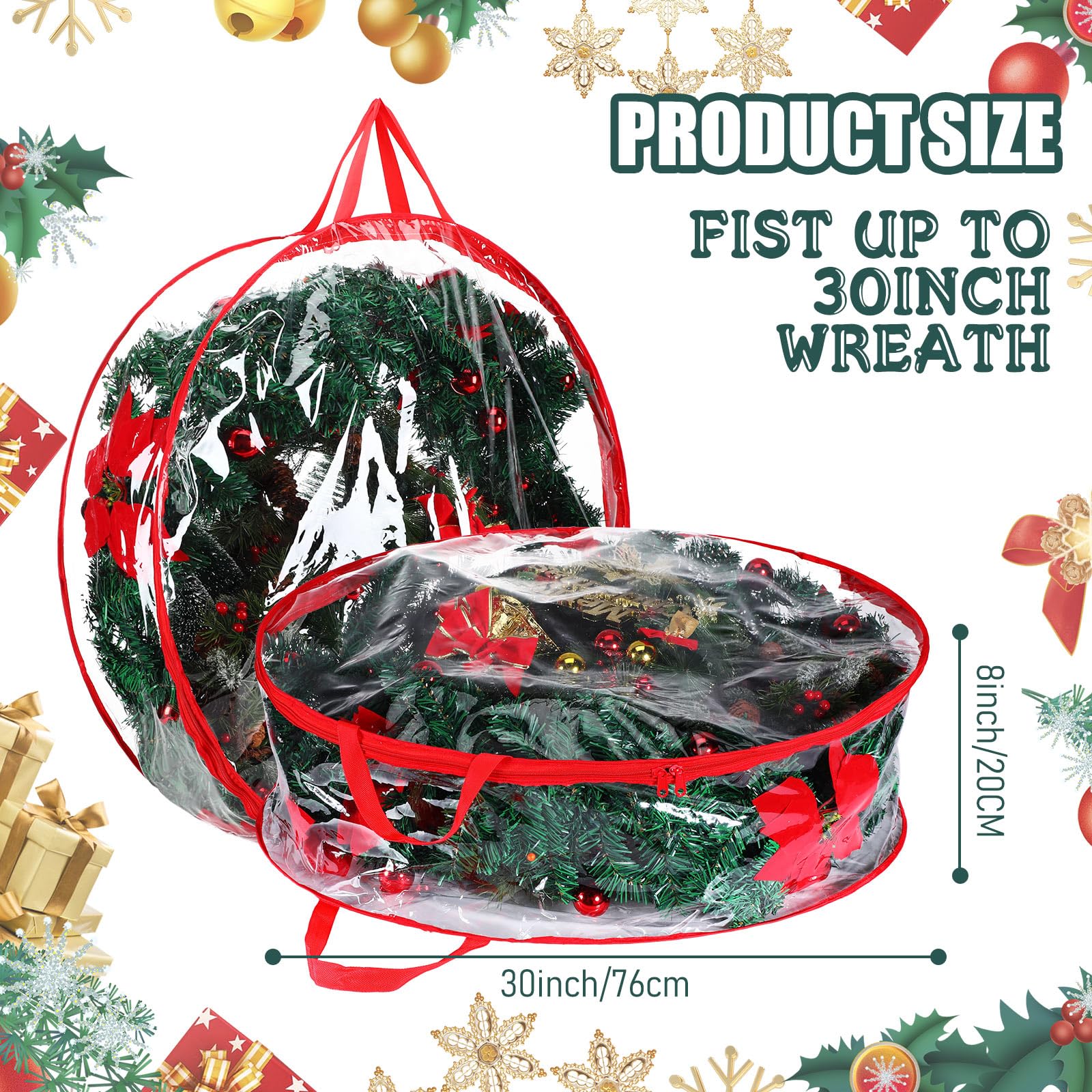 Shappy Contenitore per ghirlande natalizie, 76 cm, in plastica trasparente, con doppia cerniera e manici, per Natale, Ringraziamento, vacanze, ghirlande artificiali (trasparente, rosso, 6)