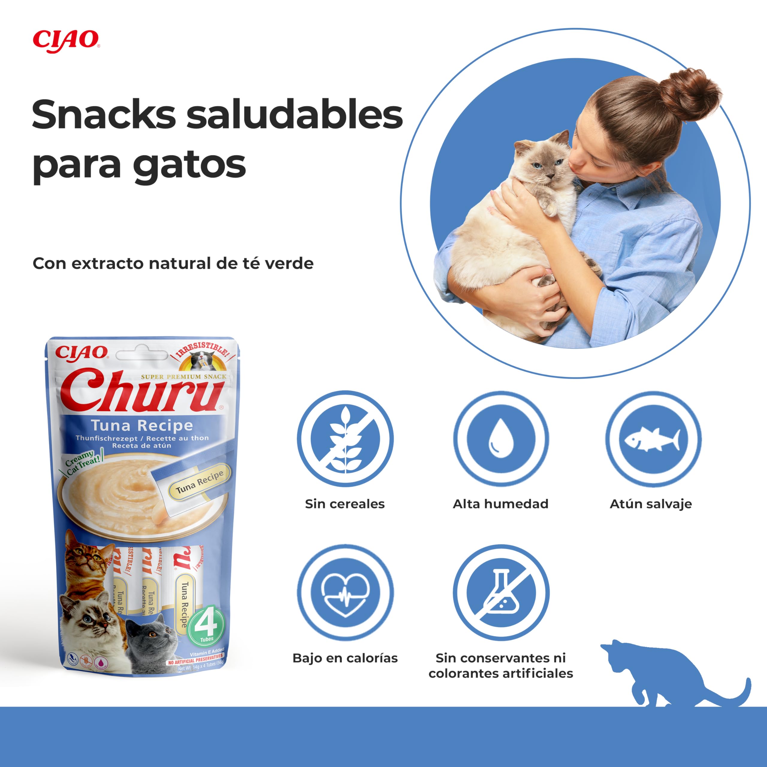 INABA Churu - Kattensnacks met gepureerde tonijn en zalm - Heerlijke snacks voor katten - Zachte en romige textuur - Kattenvoer - 4 Tubes x 14g
